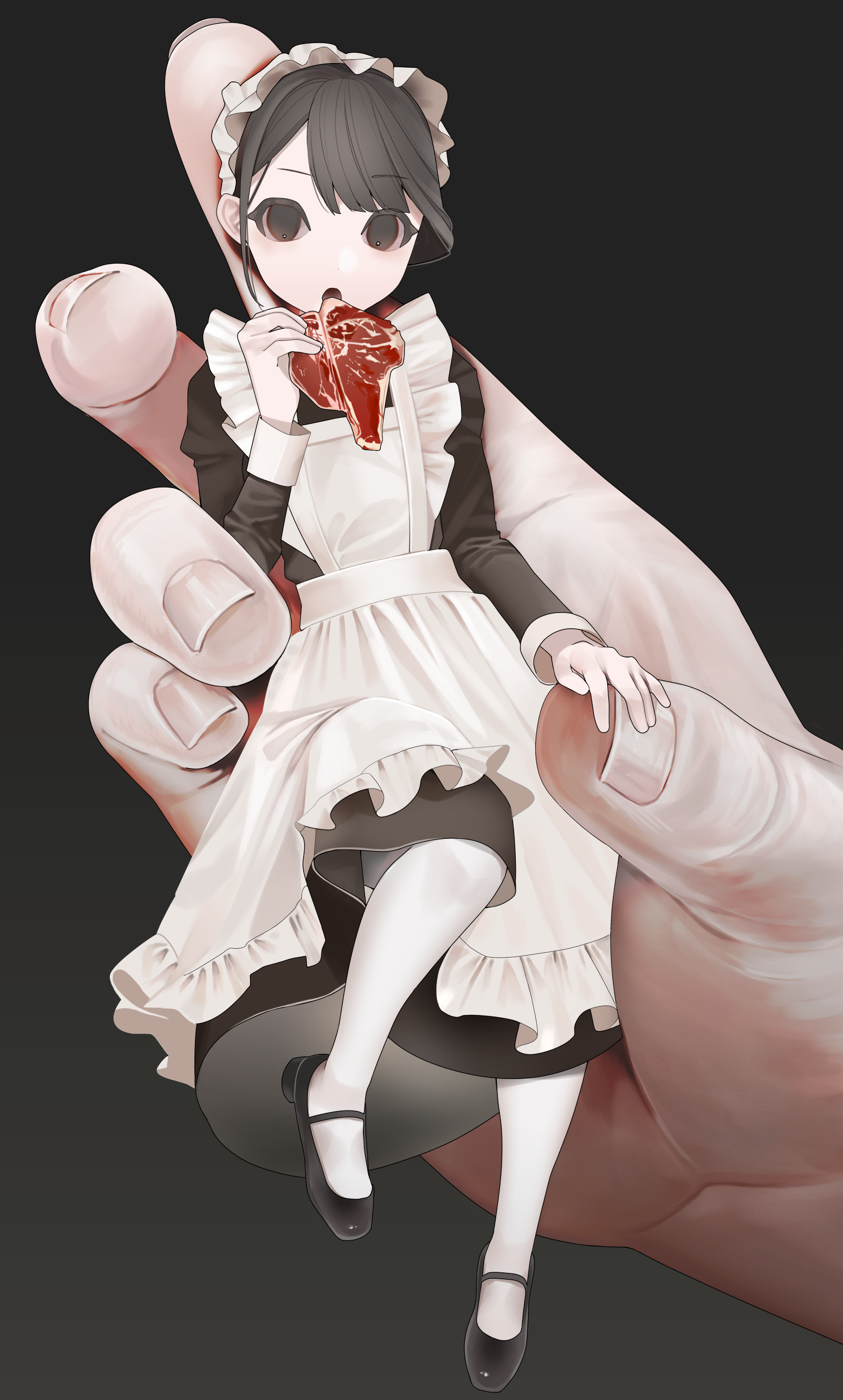 original, absurdres, highres, 1girl, 1other, apron, black dress, black hair, brown eyes, dress, food, frilled apron, frills, holding, holding food, holding mini person, leg up, maid, maid apron, maid headdress, mary janes, medium dress, mini person, minigirl, open mouth, pantyhose, raw meat, shoes, solo focus, swept bangs, test norma1, updo, white pantyhose