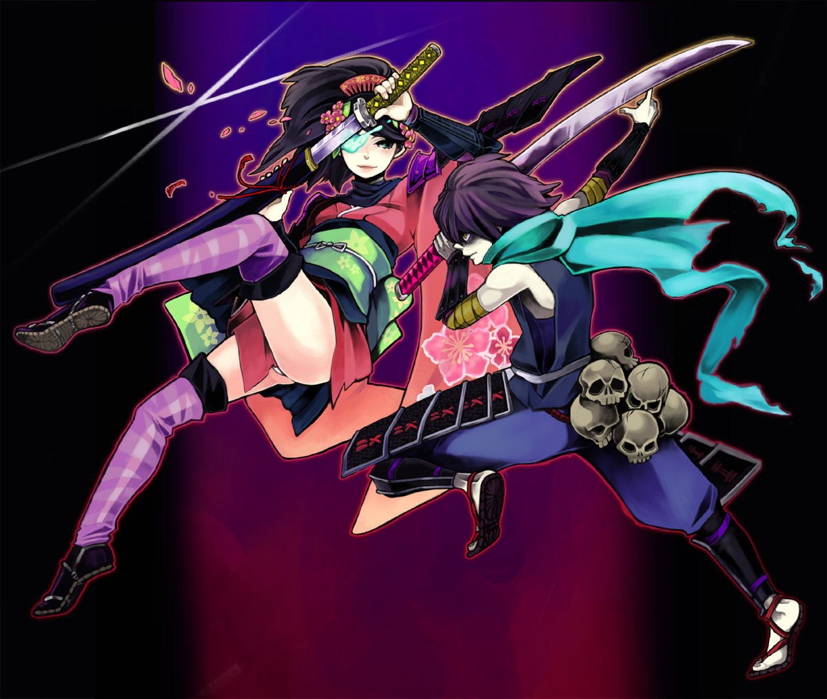 swan (doesu), kisuke, momohime, oboro muramasa, vanillaware, 1boy, 1girl, armor, bags under eyes, black hair, cherry blossoms, comb, flower, glowing, glowing eyes, hair flower, hair ornament, holding, holding sword, holding weapon, japanese clothes, katana, kimono, ninja, panties, pantyshot, petals, sandals, scarf, sheath, short kimono, skull, striped clothes, striped thighhighs, sword, thighhighs, underwear, unsheathing, weapon