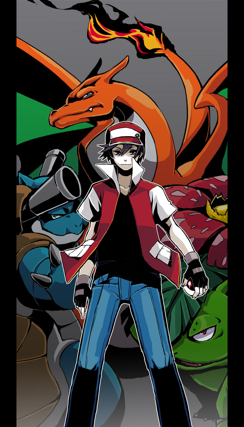 swan (doesu), blastoise, charizard, pixiv red, red (pokemon), venusaur, nintendo, pokemon, pokemon rgby, highres, 1990s (style), 1boy, baseball cap, black eyes, black hair, denim, fire, flame-tipped tail, gen 1 pokemon, gloves, hat, holding, holding poke ball, jeans, male focus, pants, pillarboxed, poke ball, pokemon (creature), retro artstyle, short hair, smirk, starter pokemon trio, tail