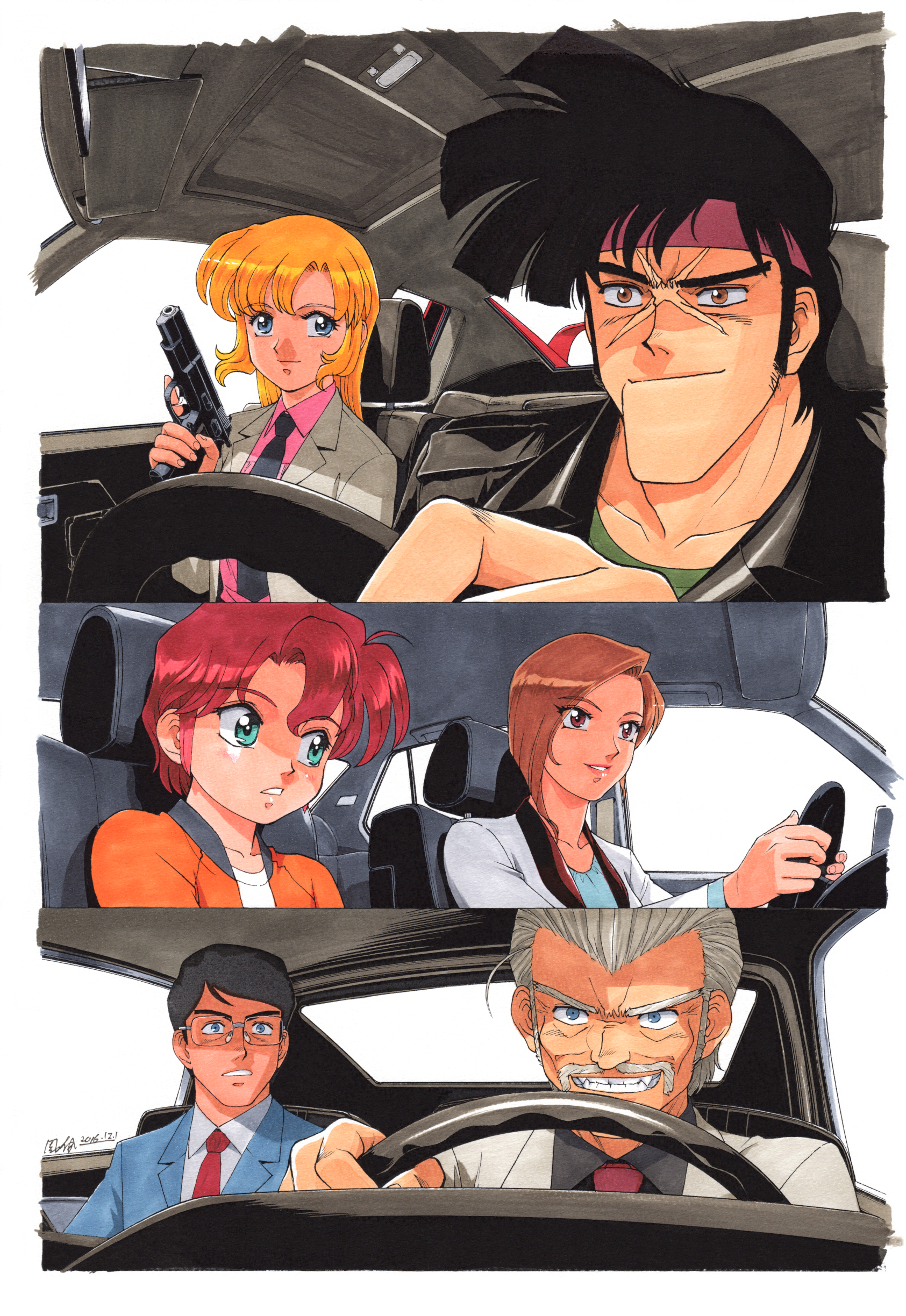 sonoda ken'ichi, bean bandit, carrie (riding bean), rally vincent (riding bean), semmerling, riding bean, absurdres, highres, official art, scan, third-party source, 3boys, 3girls, black hair, black necktie, black shirt, blue eyes, blue jacket, brown hair, closed mouth, collarbone, collared shirt, cz 75, dick ryan, driving, facial hair, green eyes, green shirt, grey jacket, grin, gun, hairband, handgun, holding, holding gun, holding weapon, jacket, long sideburns, looking ahead, looking at another, mature male, multiple boys, multiple girls, mustache, necktie, orange jacket, parted lips, percy bacharach, pink shirt, rectangular eyewear, red hair, red hairband, red necktie, retro artstyle, scar, scar on face, shirt, short hair, sideburns, smile, steering wheel, vehicle interior, weapon, white jacket, white shirt