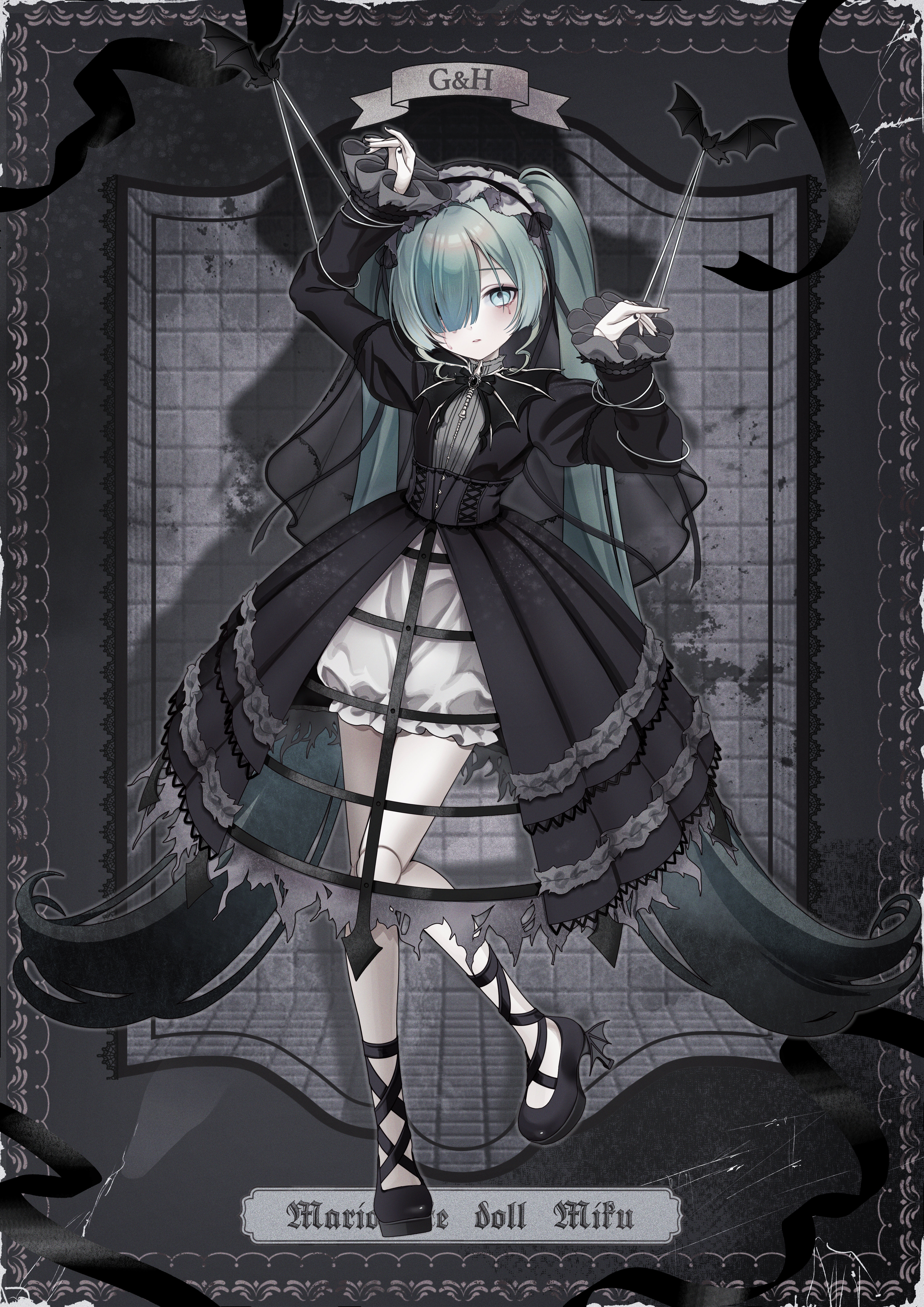 vs0mr, hatsune miku, vocaloid, absurdres, commentary request, highres, 1girl, bat (animal), black background, black bow, black bowtie, black dress, black hair, black ribbon, black shoes, bloomers, blush, border, bow, bowtie, crinoline, doll joints, dress, empty eyes, english text, full body, gothic lolita, gradient hair, green eyes, green hair, hair over one eye, hands up, joints, lolita fashion, long hair, long sleeves, looking at viewer, multicolored hair, parted lips, ribbon, shoes, showgirl skirt, solo, string, underwear, very long hair, white bloomers