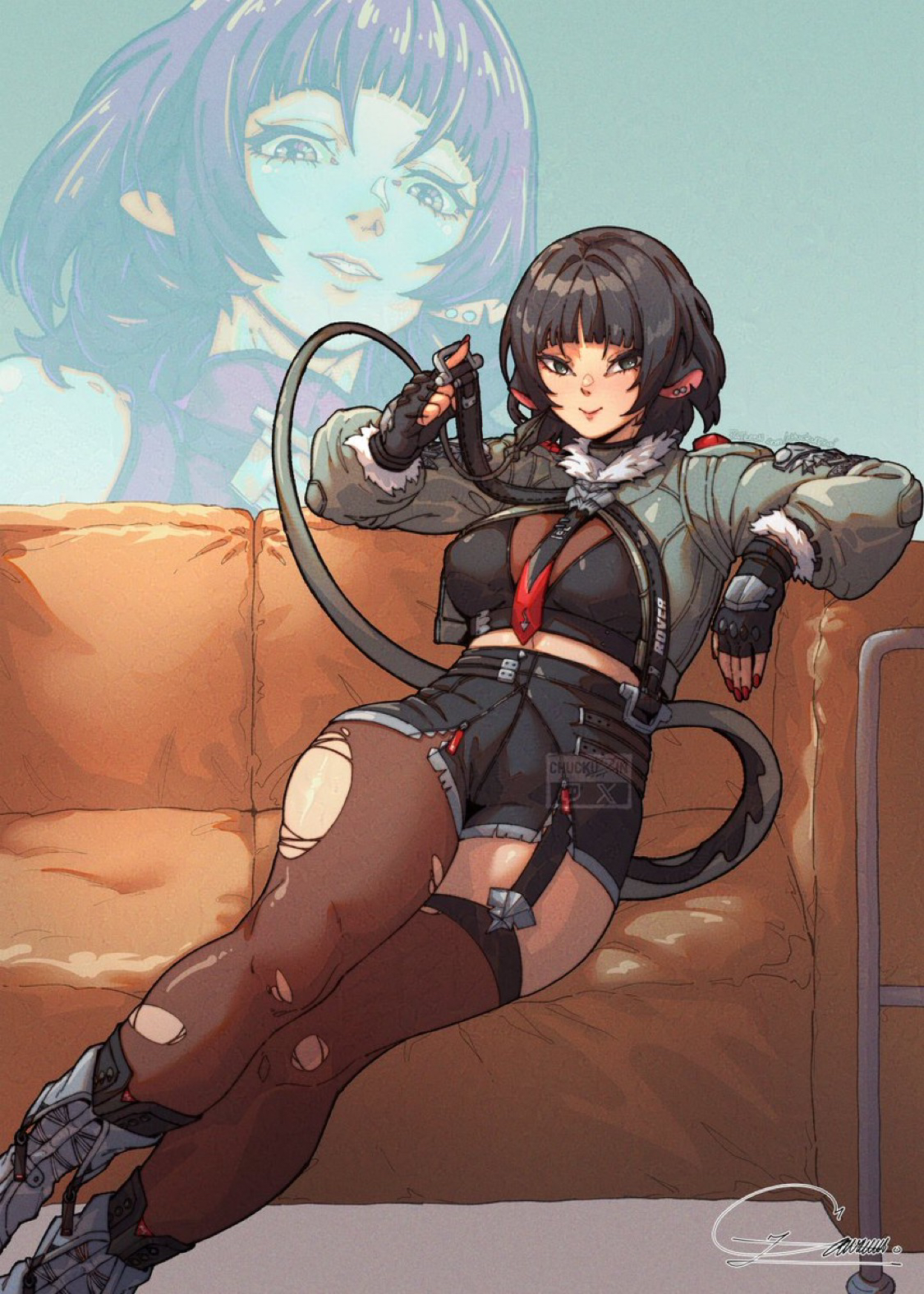 chuckuddin, jane doe (zenless zone zero), zenless zone zero, commentary, english commentary, highres, 1girl, animal ears, black hair, breasts, couch, mouse ears, mouse girl, mouse tail, on couch, pantyhose, red nails, sharp tail, signature, solo, tail, thighhighs, torn clothes, torn pantyhose, torn thighhighs
