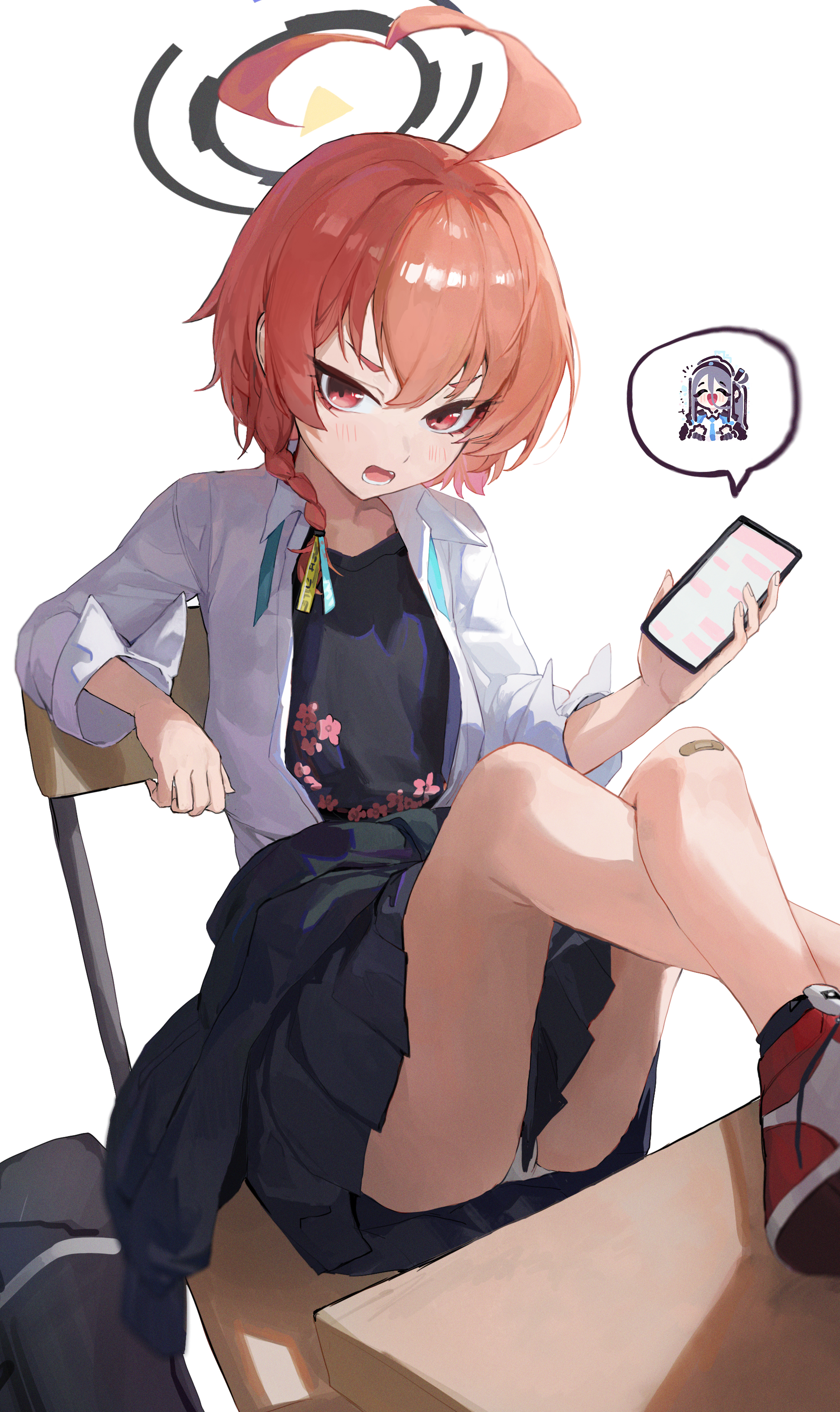 jianjia, aris (blue archive), neru (blue archive), blue archive, absurdres, commentary request, highres, 1girl, black halo, black jacket, black shirt, black skirt, braid, cellphone, chair, clothes around waist, desk, feet on table, film grain, floral print, foot out of frame, halo, holding, holding phone, jacket, jacket around waist, long sleeves, looking at viewer, miniskirt, on chair, open clothes, open mouth, open shirt, panties, pantyshot, phone, pleated skirt, print shirt, red eyes, red hair, red shoes, school chair, school desk, school uniform, shirt, shoes, short hair, simple background, sitting, skirt, smartphone, sneakers, solo, speech bubble, spoken character, undershirt, underwear, v-shaped eyebrows, white background, white panties, white shirt