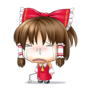 buran (hahann), buran, hakurei reimu, touhou, lowres, > <, 1girl, blush, brown hair, chibi, closed eyes, detached sleeves, female focus, full body, gohei, hair ribbon, japanese clothes, miko, nose blush, poverty, ribbon, sad, scar, snot, solo, stitches, tears, white background