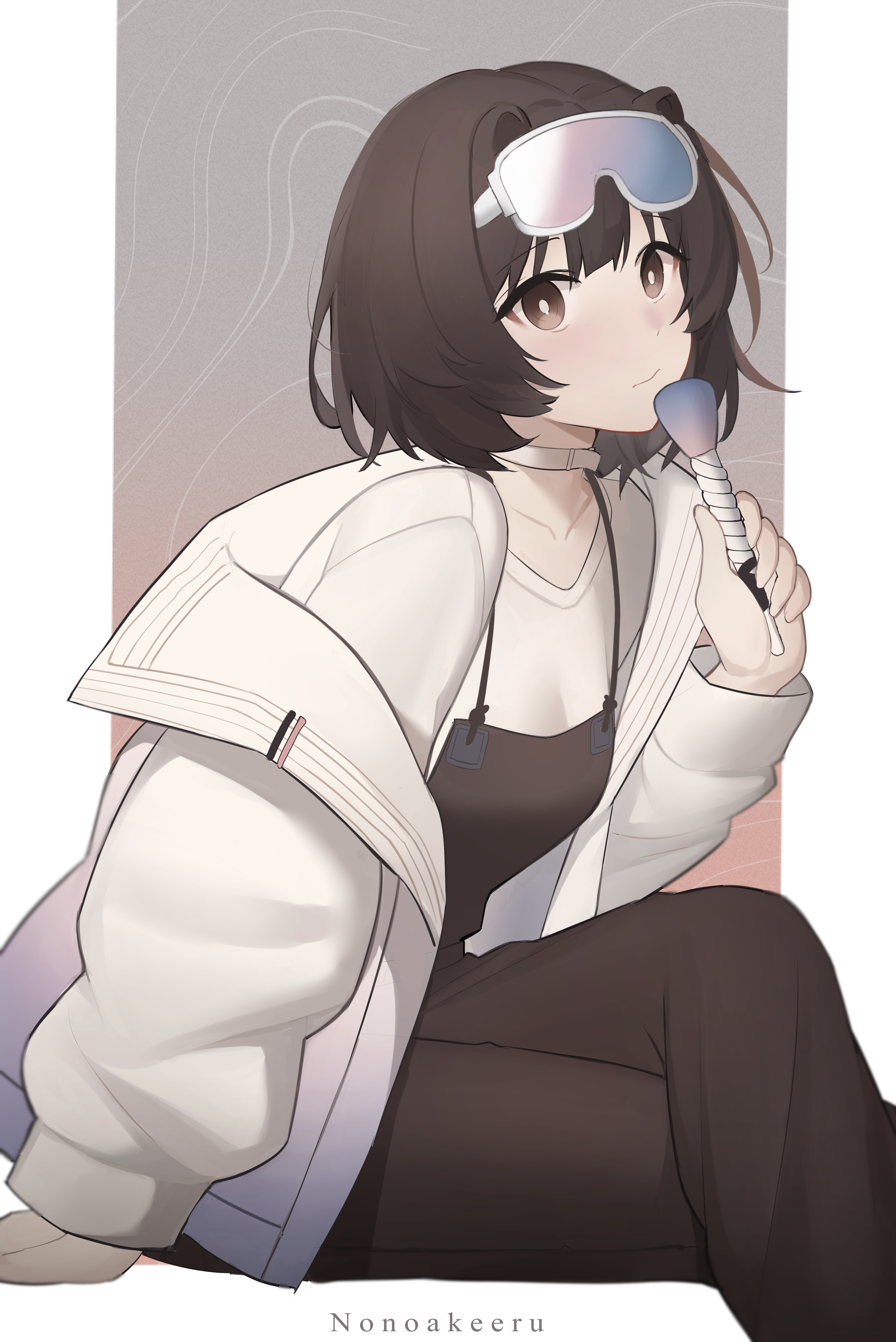 n3rooh, roberta (arknights), arknights, absurdres, highres, 1girl, bright pupils, brown eyes, brown hair, brown overalls, choker, closed mouth, collarbone, crossed legs, feet out of frame, goggles, goggles on head, holding, invisible chair, jacket, long sleeves, looking at viewer, off shoulder, overalls, shirt, short hair, sitting, ski goggles, solo, white choker, white jacket, white pupils, white shirt