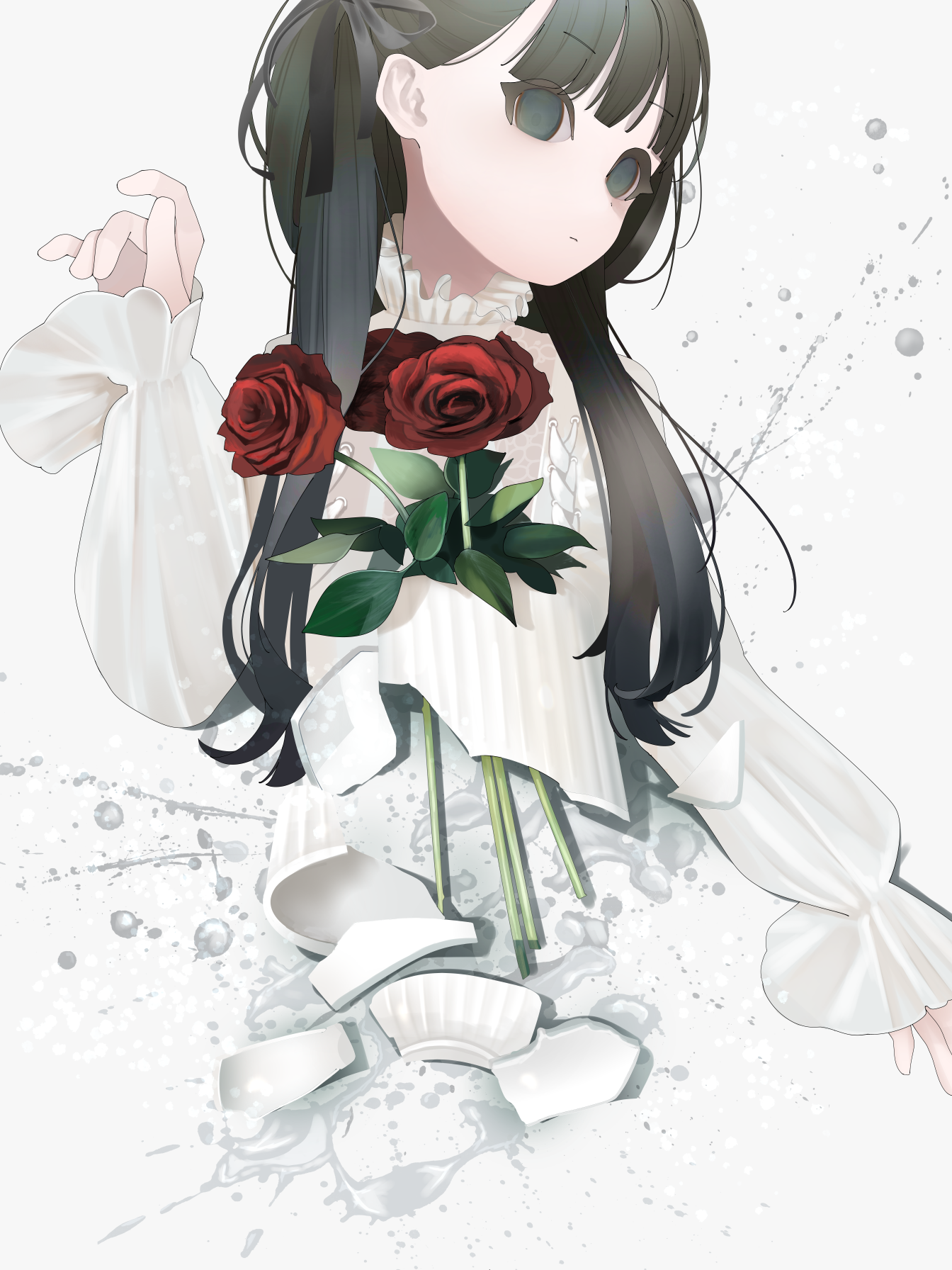original, highres, 1girl, black eyes, black hair, blunt bangs, broken, broken vase, empty eyes, expressionless, flower, frilled shirt collar, frills, hair ribbon, hand up, long hair, long sleeves, looking at viewer, puffy long sleeves, puffy sleeves, red flower, red rose, ribbon, rose, solo, spill, surreal, test norma1, two side up, vase, water