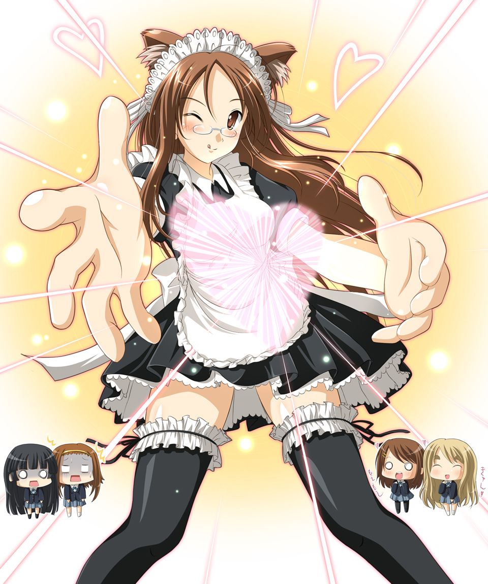 na! (na'mr), akiyama mio, hirasawa yui, kotobuki tsumugi, tainaka ritsu, yamanaka sawako, k-on!, 00s, 5girls, alternate costume, animal ears, brown eyes, brown hair, cat ears, chibi, enmaided, foreshortening, glasses, heart, ho-kago tea time, long hair, maid, moe moe kyun!, multiple girls, one eye closed, school uniform, thighhighs, tongue, wink