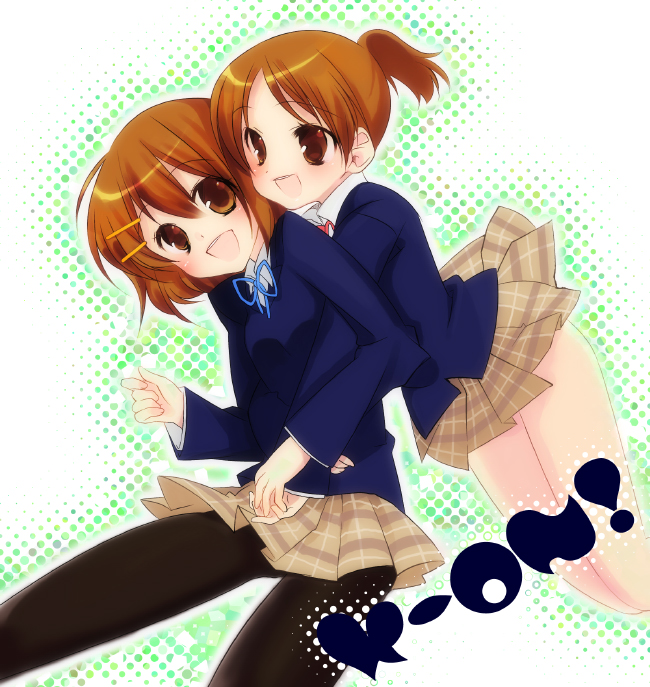 ume (pickled plum), hirasawa ui, hirasawa yui, k-on!, 00s, 2girls, brown eyes, brown hair, hug, multiple girls, pantyhose, plaid clothes, plaid skirt, ponytail, school uniform, short hair, siblings, sisters, skirt