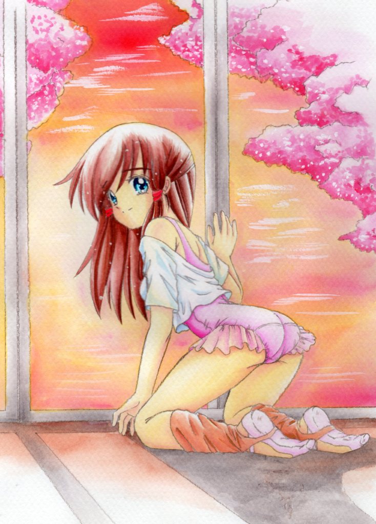 nagano shin'ya, original, traditional media, blue eyes, brown hair, cherry blossoms, kneeling, leg warmers, leotard, long hair, solo, sunset