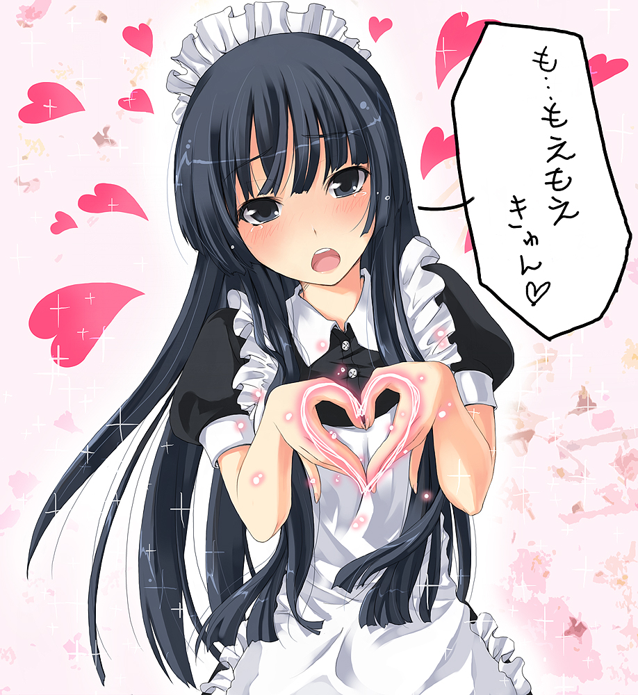 unasaka ryou, akiyama mio, k-on!, 00s, 1girl, alternate costume, black eyes, black hair, enmaided, female focus, heart, heart hands, long hair, maid, moe moe kyun!, solo