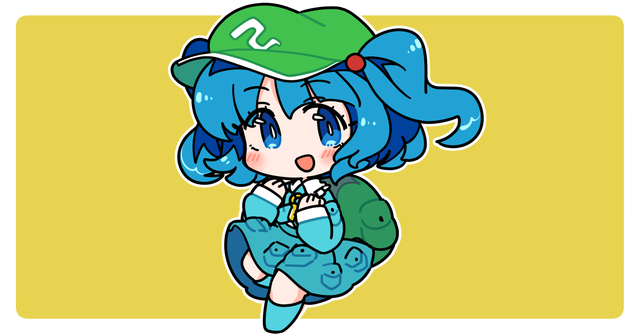 ini (inunabe00), kawashiro nitori, touhou, commentary, 1girl, :d, backpack, bag, blue boots, blue eyes, blue hair, blue shirt, blue skirt, blush, boots, border, chibi, chibi only, full body, green hat, hair bobbles, hair ornament, hat, jewelry, key, key necklace, long sleeves, looking at viewer, necklace, open mouth, outline, outside border, pocket, shirt, short hair, simple background, skirt, smile, solo, standing, standing on one leg, two side up, white border, white outline, yellow background