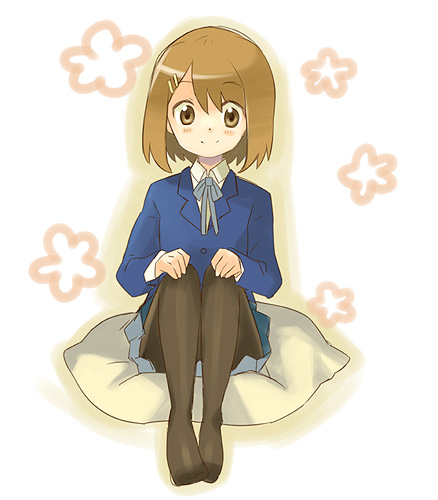 takeshiko, hirasawa yui, k-on!, bad id, bad pixiv id, lowres, 00s, 1girl, brown eyes, brown hair, censored, convenient censoring, convenient leg, female focus, pantyhose, pillow, sakuragaoka high school uniform, school uniform, short hair, sitting, solo