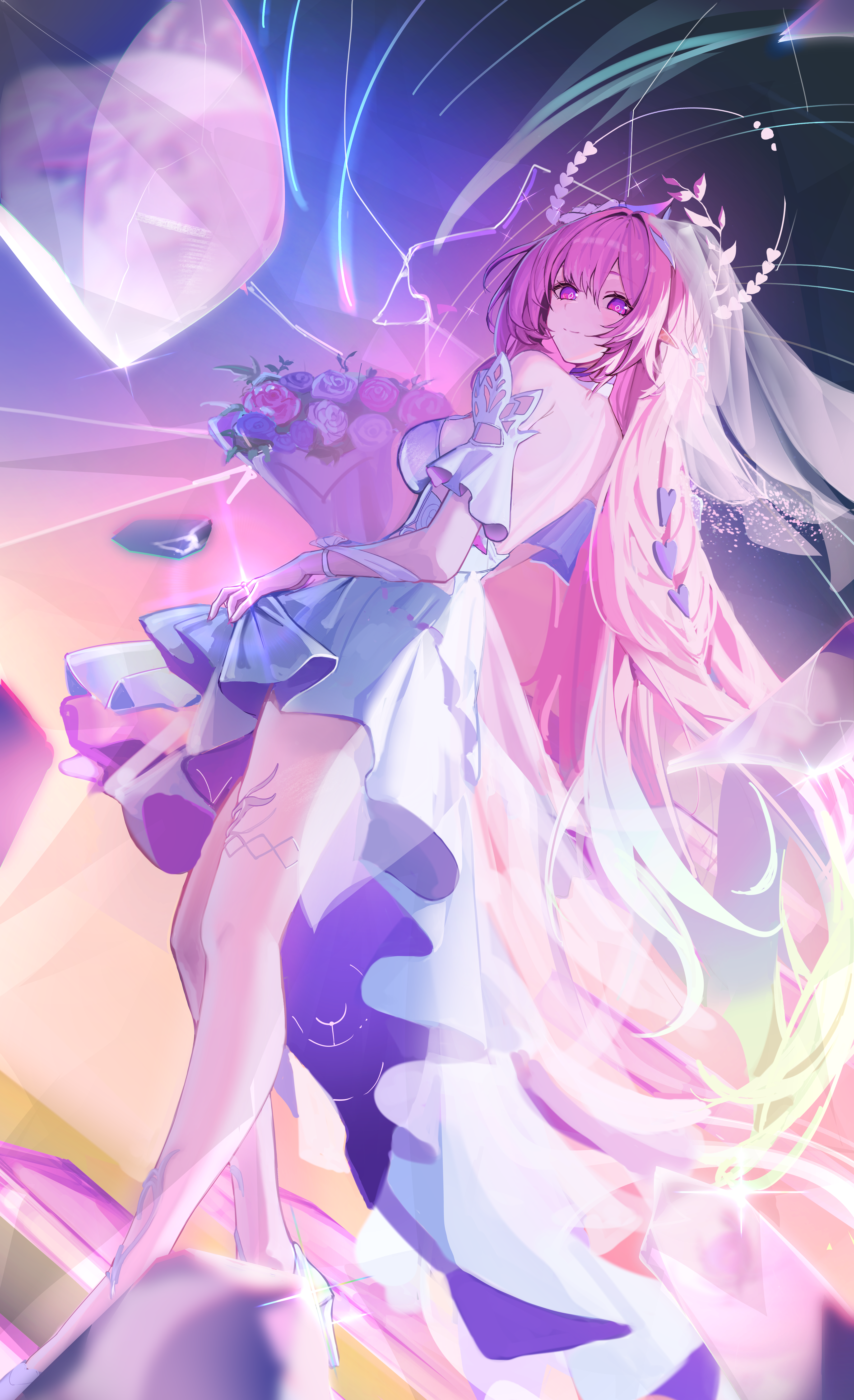 mooruck4, cyrene (honkai: star rail), cyrene (ripples of past reverie) (honkai: star rail), honkai: star rail, honkai (series), absurdres, highres, 1girl, backless dress, backless outfit, bare shoulders, bouquet, breasts, bridal veil, closed mouth, detached sleeves, dress, floating hair, flower, high heels, holding, holding bouquet, jewelry, long hair, looking at viewer, medium breasts, pink flower, pink hair, pink rose, pointy ears, ring, rose, shoes, short sleeves, smile, standing, veil, very long hair, wedding dress, wedding ring, white dress, white shoes