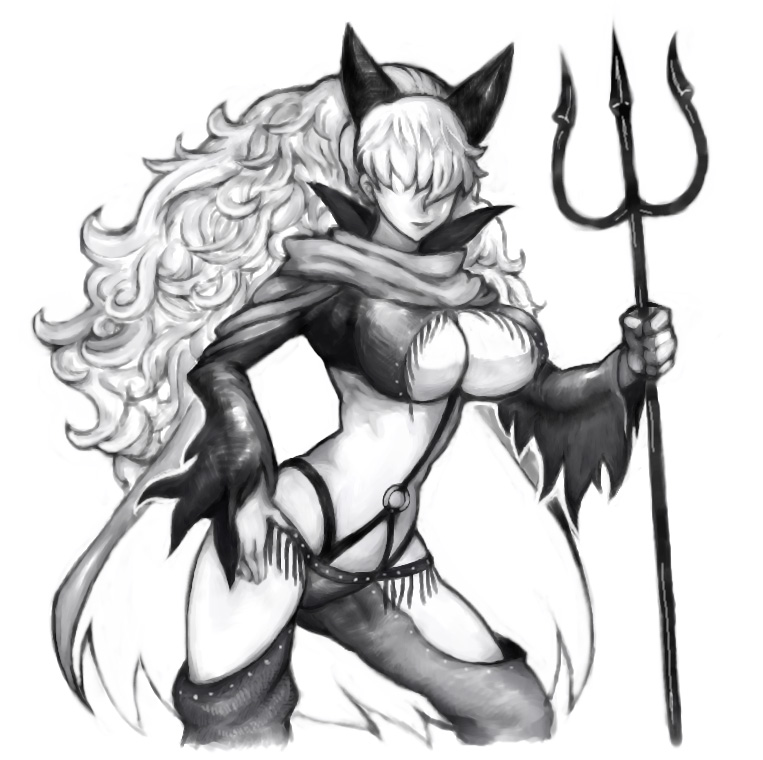teruki, sadi-chan, one piece, 1girl, breasts, cape, cleavage cutout, clothing cutout, curly hair, female focus, fringe trim, greyscale, hair over eyes, horns, impel down, large breasts, long hair, monochrome, polearm, revealing clothes, solo, thighs, trident, weapon
