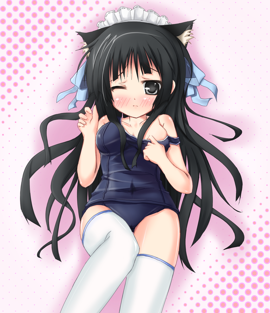 karaage3, akiyama mio, k-on!, bad id, bad pixiv id, commentary, 00s, 1girl, animal ears, black eyes, black hair, blush, cat ears, female focus, long hair, lying, maid headdress, one-piece swimsuit, one eye closed, school swimsuit, solo, strap slip, swimsuit, thighhighs, wink