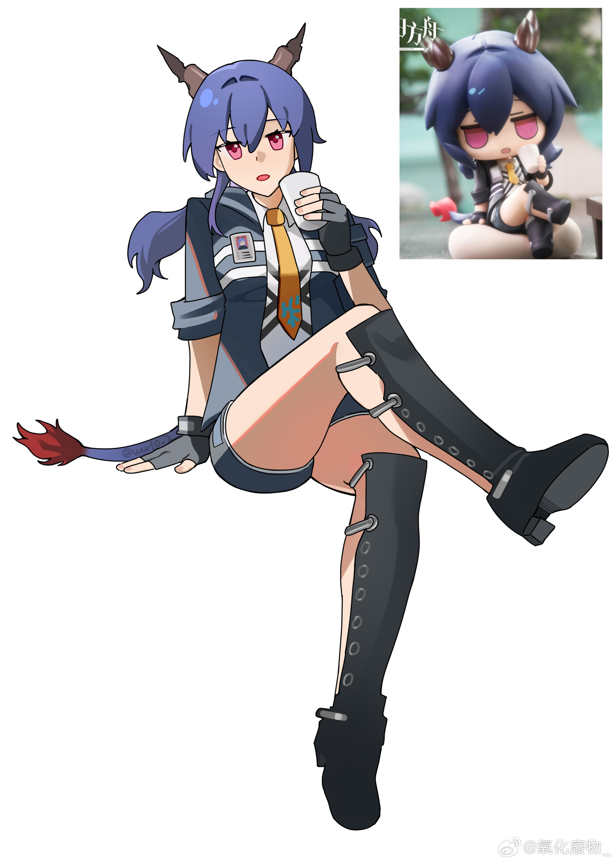 wwfo 2, ch'en (arknights), arknights, absurdres, bad link, highres, 1girl, black shorts, blue hair, breasts, collared shirt, crossed legs, cup, dragon girl, dragon horns, dragon tail, hair between eyes, holding, holding cup, horns, id card, jacket, long hair, looking at viewer, necktie, open mouth, orange necktie, photo inset, red eyes, reference inset, shirt, shorts, sidelocks, simple background, sitting, solo, tail, white background, white shirt