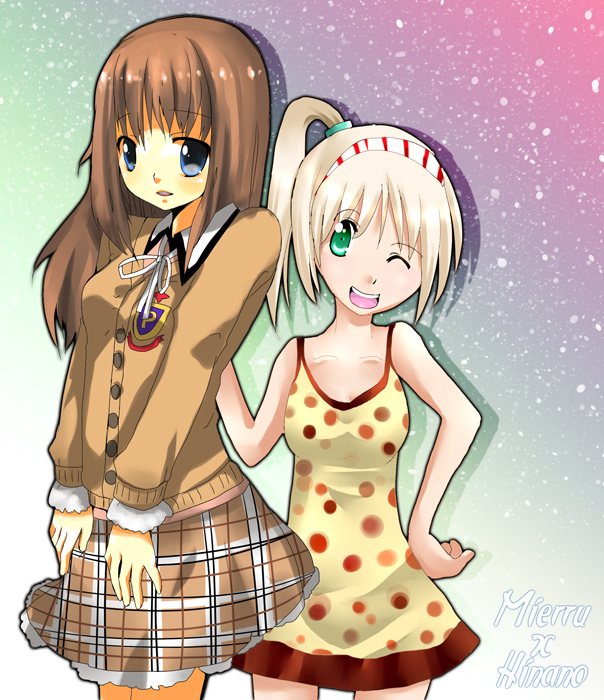 hana, arin (pangya), hana (pangya), pangya, bad id, bad pixiv id, 2girls, blazer, blue eyes, brown hair, green eyes, hairband, jacket, long hair, multiple girls, one eye closed, plaid clothes, plaid skirt, polka dot, ponytail, school uniform, skirt, smile