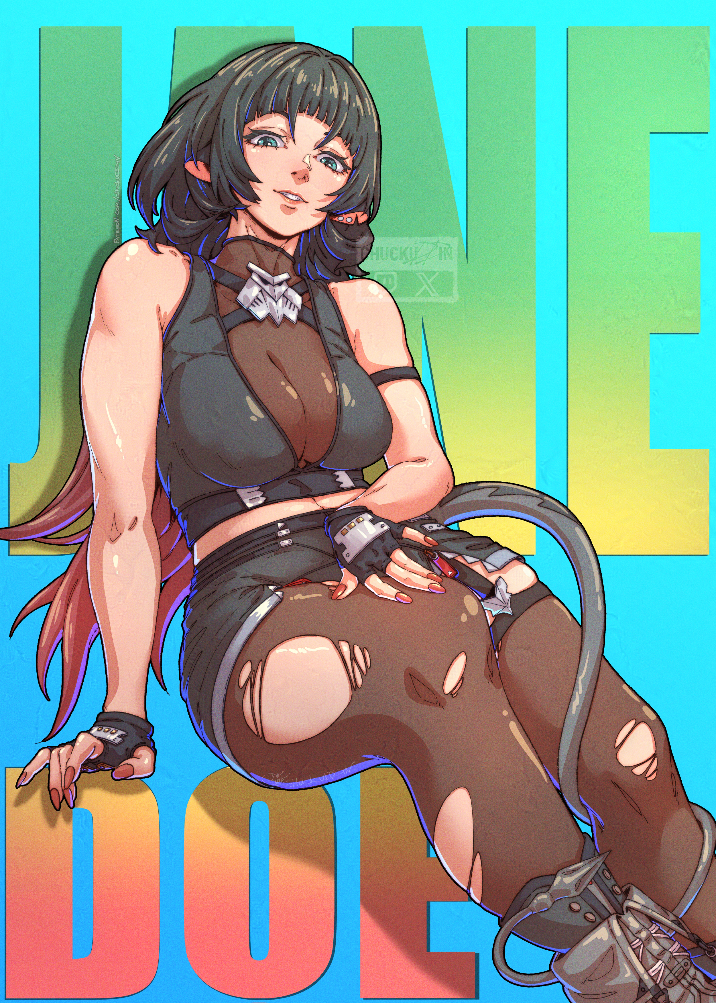 chuckuddin, jane doe (zenless zone zero), zenless zone zero, absurdres, commentary, english commentary, highres, 1girl, animal ears, black hair, breasts, character name, film grain, fingerless gloves, gloves, large breasts, mouse ears, mouse girl, mouse tail, nail polish, pantyhose, red nails, solo, tail, torn clothes, torn pantyhose