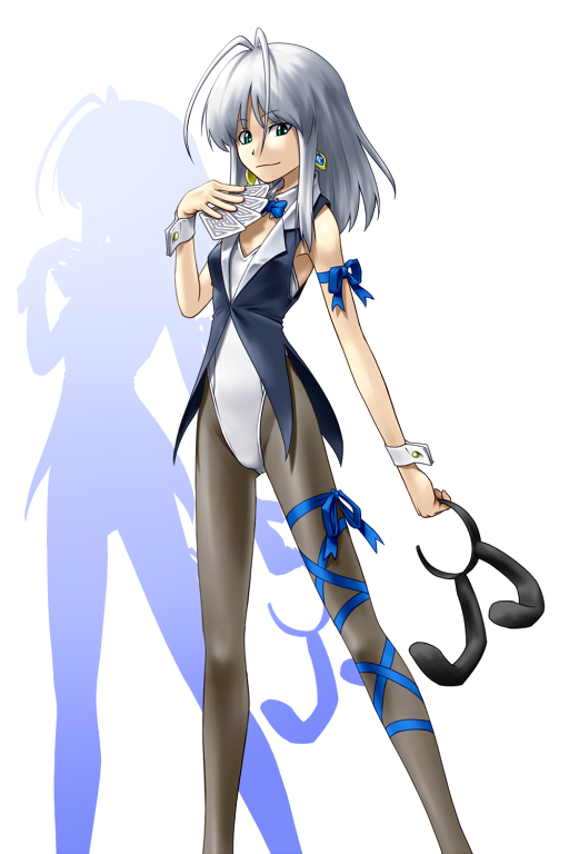 kentairui, mitsuha (kenntairui), mitsuha (kentairui), original, silver hair, bad id, bad pixiv id, 1girl, animal ears, antenna hair, card, fake animal ears, female focus, flat chest, highleg, holding, holding card, long legs, pantyhose, playboy bunny, rabbit ears, ribbon, solo, vest