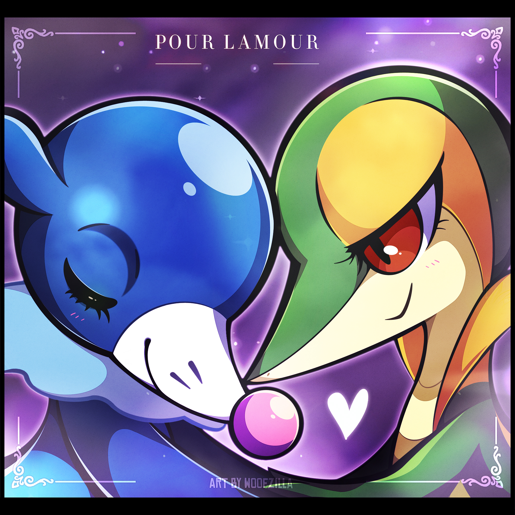woofzilla, popplio, snivy, nintendo, pokemon, commentary, english commentary, highres, closed eyes, closed mouth, eyelashes, forehead-to-forehead, french text, gen 5 pokemon, gen 7 pokemon, heads together, heart, holding hands, looking at another, no humans, pokemon (creature), purple background, red eyes, smile, valentine