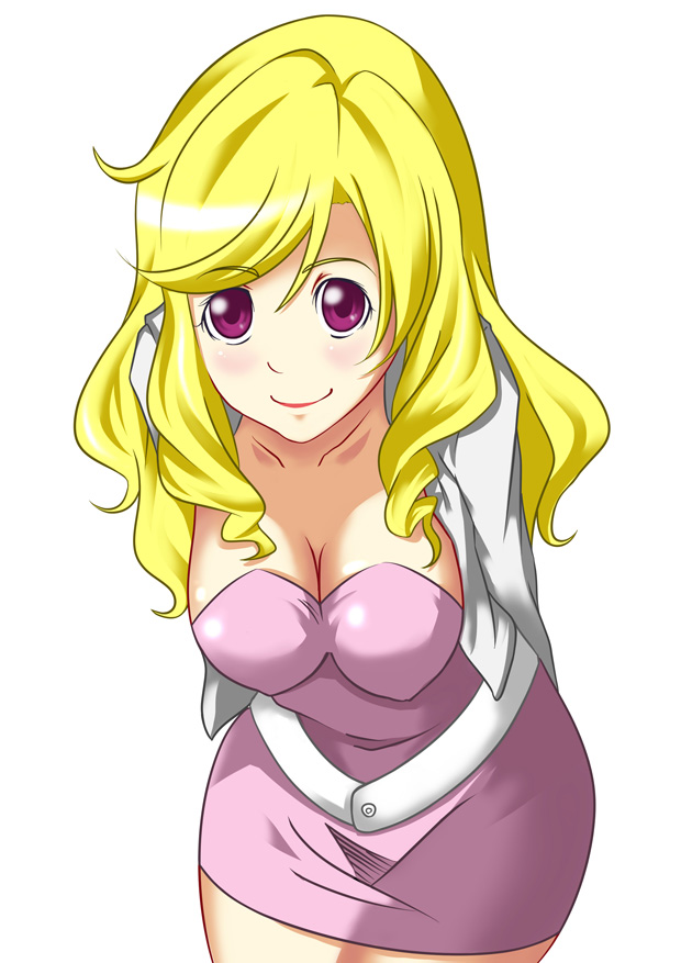 piyottoru, takasu yasuko, toradora!, bad id, bad pixiv id, 00s, 1girl, belt, blonde hair, breasts, cleavage, dress, female focus, large breasts, long hair, mature female, purple eyes, short dress, smile, solo