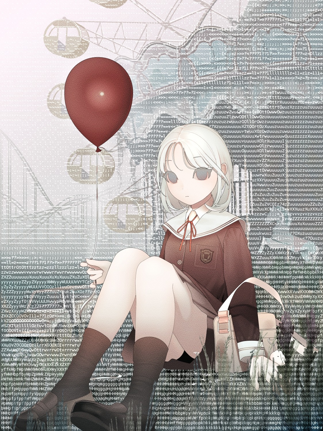 original, highres, 1girl, amusement park, ankle socks, bag, balloon, car, carousel, collared shirt, expressionless, ferris wheel, flower, holding, holding balloon, loafers, looking at viewer, motor vehicle, neck ribbon, on grass, pleated skirt, ribbon, roller coaster, sailor collar, school bag, school emblem, school uniform, shirt, shoes, short hair, shoulder bag, sitting, skirt, socks, solo, test norma1, text background, white hair, wispy bangs