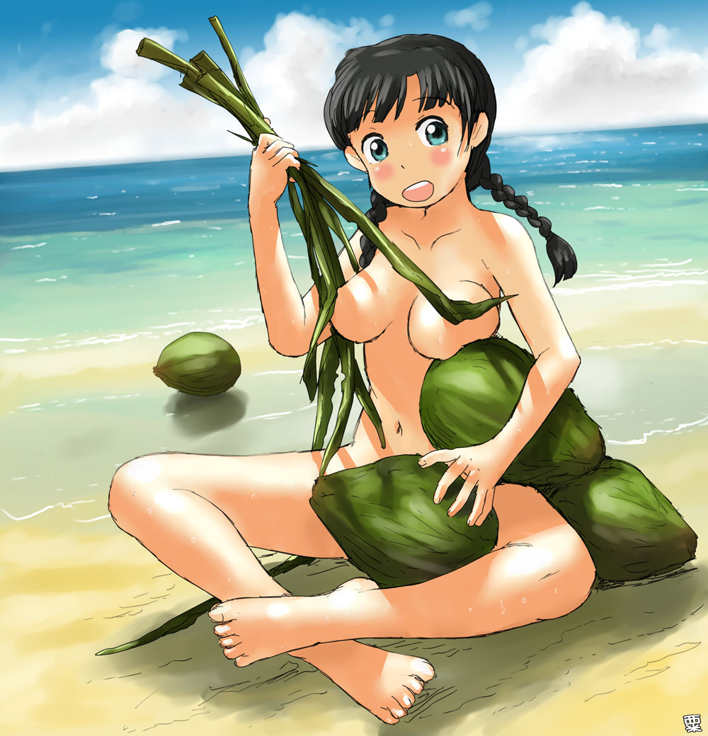 awatake takahiro, 1girl, barefoot, beach, blush, braid, censored, coconut, convenient censoring, female focus, full body, nude, nudist, outdoors, sitting, sky, solo, twin braids