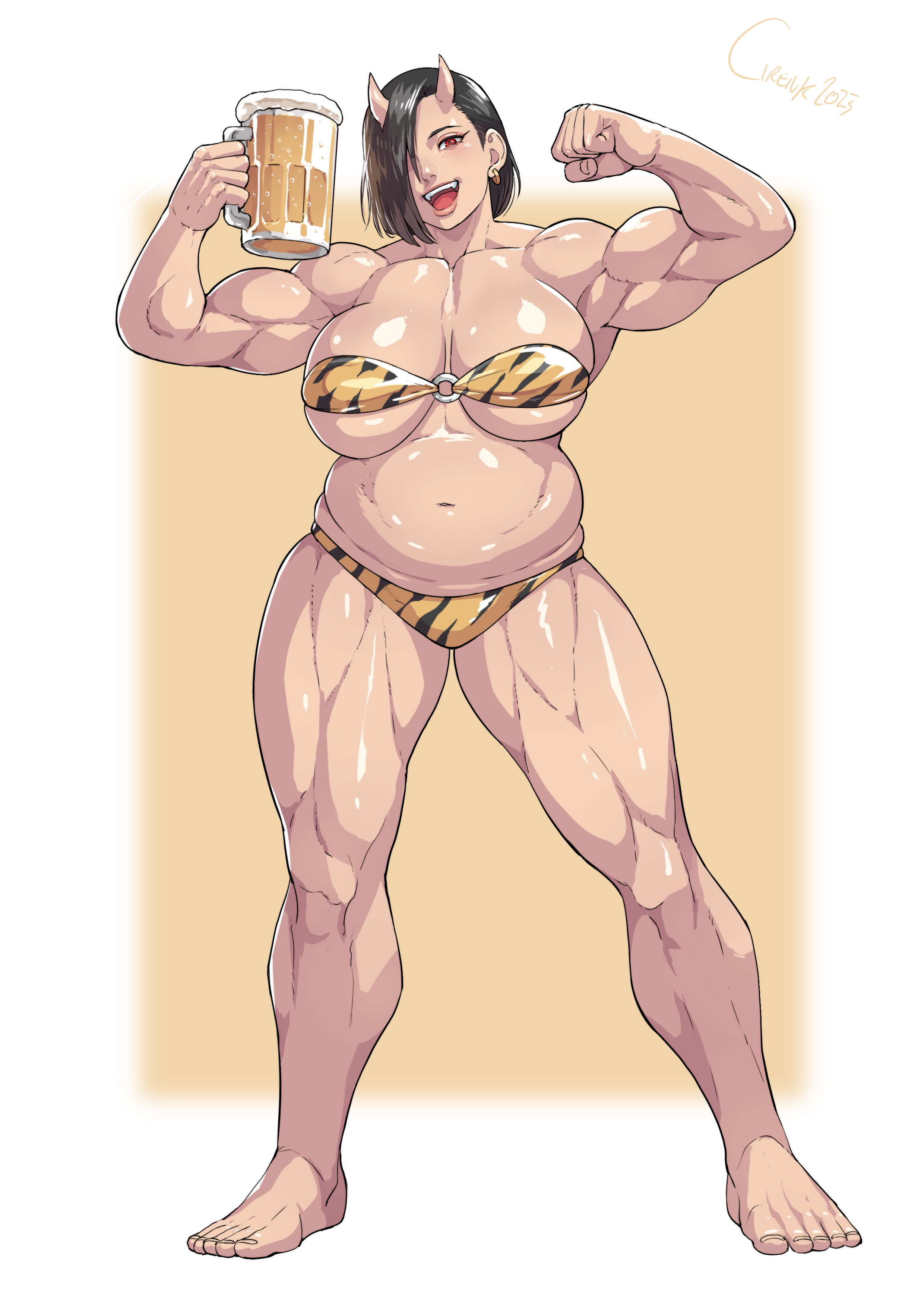 cirenk, oga (elf-san wa yaserarenai.), elf-san wa yaserarenai., absurdres, commentary, commission, english commentary, highres, 1girl, 2023, animal print, artist name, beer belly, beer mug, belly, breasts, cup, earrings, feet, horns, jewelry, mug, muscular, muscular female, oni, skin-covered horns, solo, tiger print, toes
