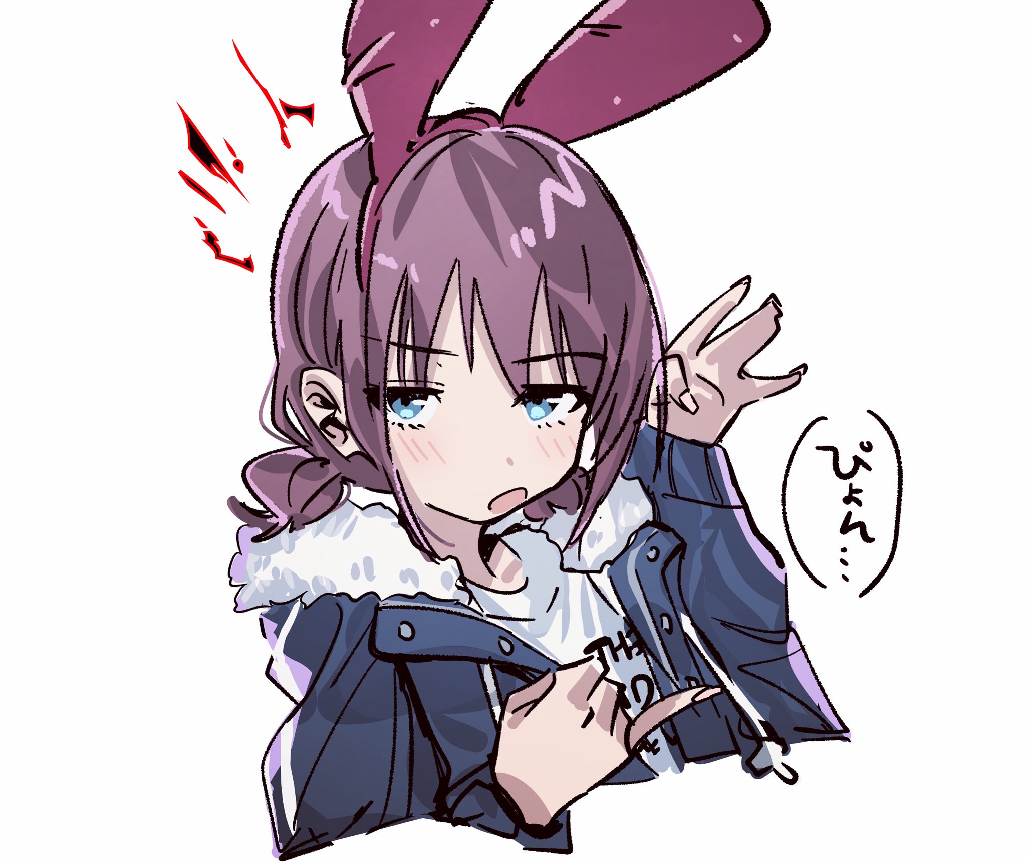 lplpsteven, iseri nina, girls band cry, highres, 1girl, black jacket, blue eyes, blush, brown hair, hair ornament, jacket, looking at viewer, nail polish, rabbit hair ornament, shirt, simple background, solo, upper body, white background, white shirt