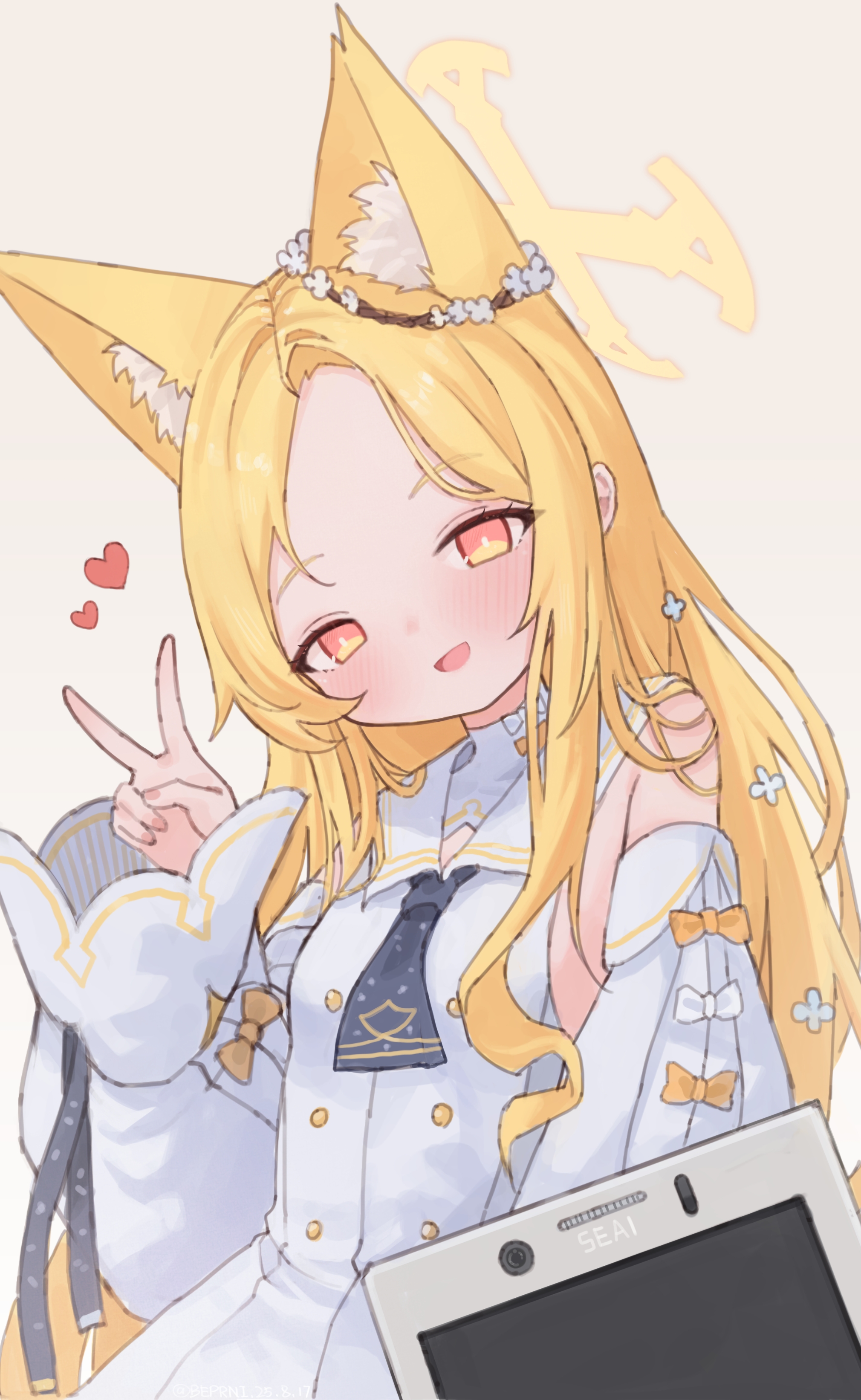 akizuki kawakaze, seia (blue archive), blue archive, absurdres, chinese commentary, commentary request, highres, 1girl, :d, animal ear fluff, animal ears, arm at side, bare shoulders, blonde hair, blush, bow, breasts, bright pupils, cowboy shot, detached sleeves, dress, extra ears, flower wreath, forehead, fox ears, fox girl, grey background, hair over shoulder, halo, hand up, happy, head wreath, heart, long hair, multicolored eyes, open mouth, orange bow, orange eyes, parted bangs, sidelocks, simple background, sleeve bow, sleeveless, sleeveless dress, sleeves past wrists, small breasts, smile, solo, two-tone eyes, v, very long hair, wavy ends, white bow, white dress, white pupils, wide sleeves, yellow eyes, yellow halo