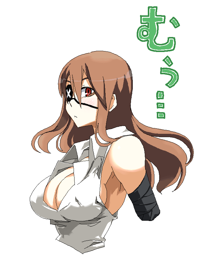 nanakura nanane, darumako, bad id, bad pixiv id, 1girl, amputee, bare shoulders, breasts, brown hair, cleavage, eyepatch, female focus, large breasts, long hair, oekaki, red eyes, solo, white background