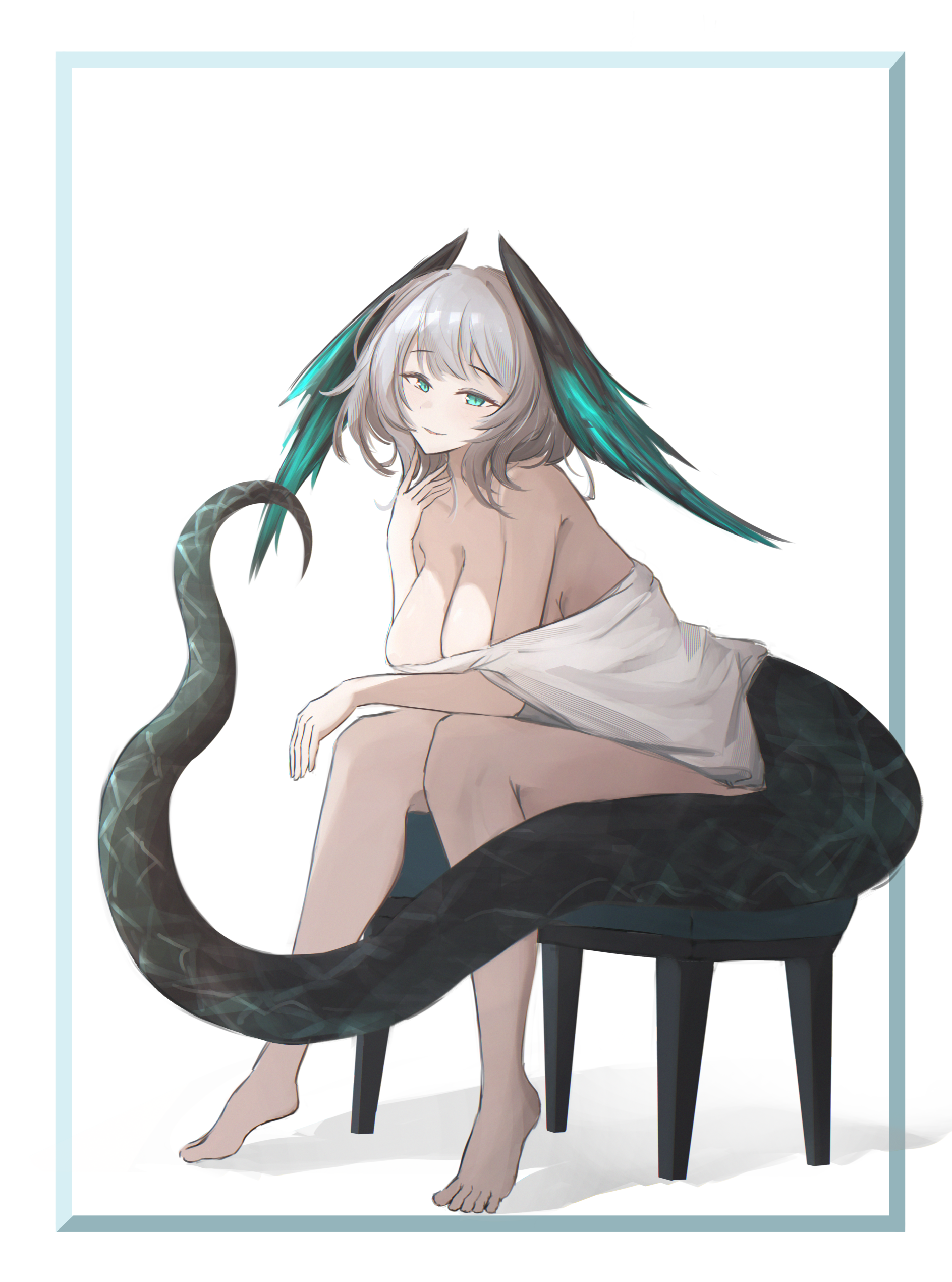 vincentime, ho'olheyak (arknights), arknights, absurdres, highres, 1girl, aqua eyes, barefoot, black tail, breasts, cleavage, feet, full body, grey hair, hand up, head wings, large breasts, leaning, leaning forward, looking at viewer, medium hair, naked shirt, parted lips, shirt, simple background, sitting, smile, solo, tail, toes, white background, white shirt, wings