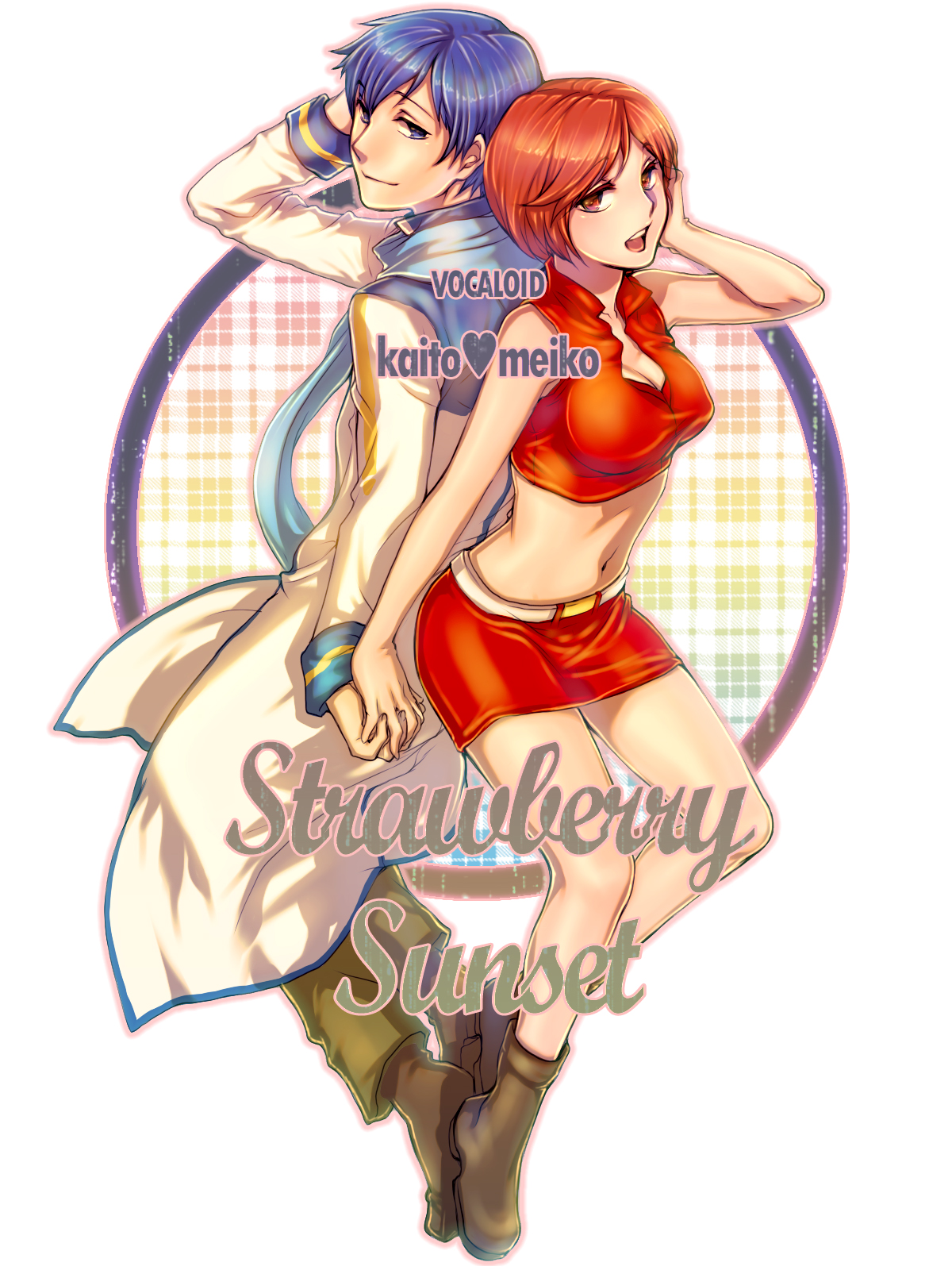 julion (akesuzu), kaito (vocaloid), meiko (vocaloid), vocaloid, bad id, bad pixiv id, highres, 1boy, 1girl, back-to-back, blue hair, breasts, cleavage, large breasts, midriff, miniskirt, navel, open mouth, pencil skirt, red hair, short hair, skirt, smile