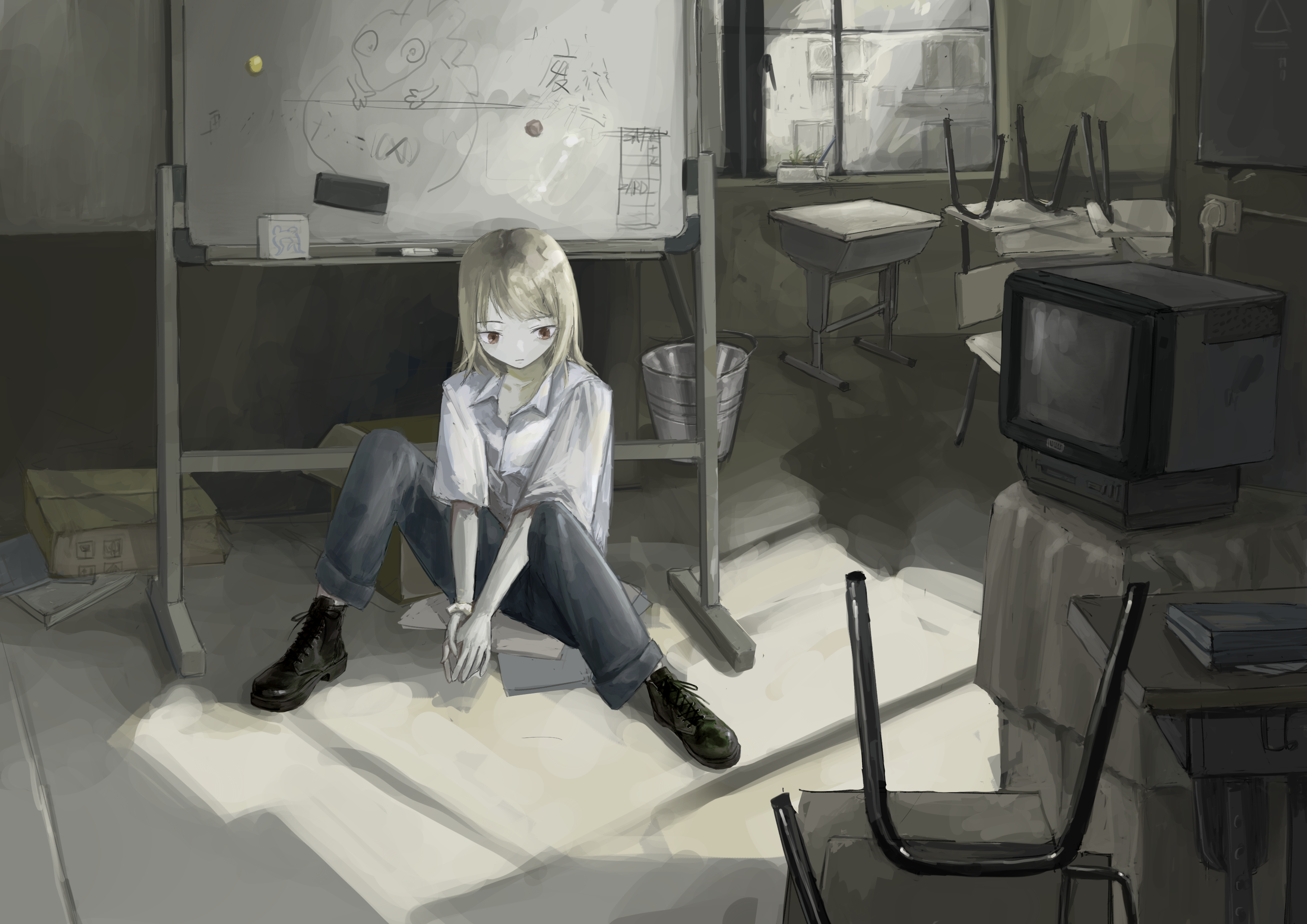 bin jiang, original, absurdres, commentary, highres, 1girl, blonde hair, box, brown eyes, bucket, cardboard box, chair, desk, school, school chair, school desk, solo, television, whiteboard