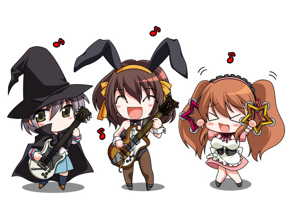 asahina mikuru, nagato yuki, suzumiya haruhi, suzumiya haruhi no yuuutsu, 00s, animal ears, bass guitar, blush, chibi, fake animal ears, guitar, instrument, maid, playboy bunny, rabbit ears, smile, twintails