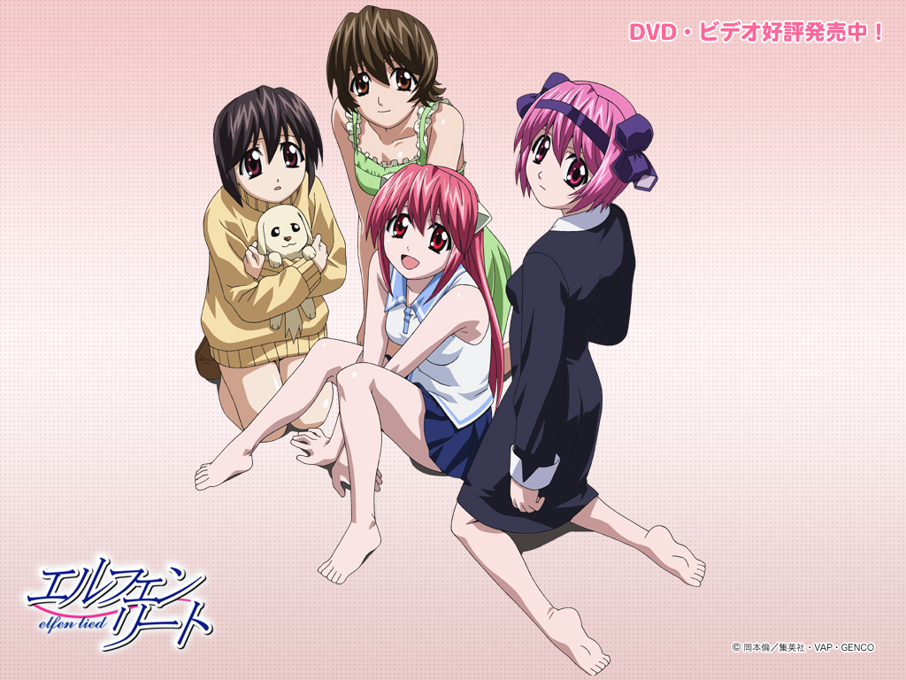 kishimoto seiji, lucy (elfen lied), mayu (elfen lied), nana (elfen lied), nyuu, wanta, yuka (elfen lied), elfen lied, official art, official wallpaper, 00s, 4girls, armpits, barefoot, between thighs, black hair, brown eyes, dog, dress, feet, hairband, holding, horns, kneeling, looking back, multiple girls, pink eyes, pink hair, red eyes, short hair, sitting, skirt, smile, sweater, thighs