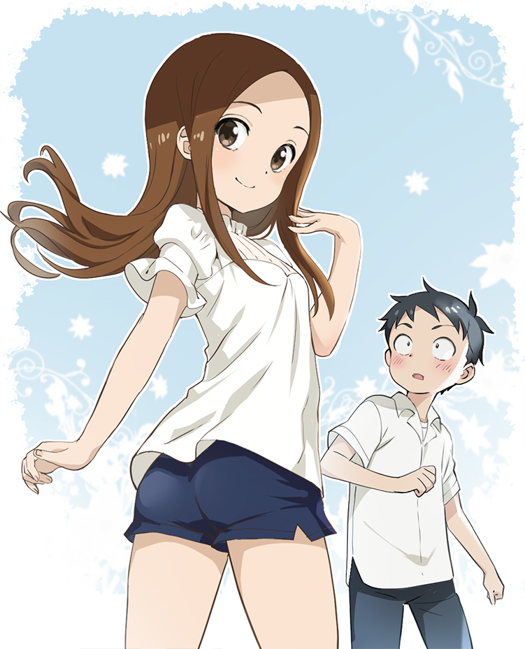 nyoro (nyoronyoro000), karakai jouzu no takagi-san, commentary request, 1boy, 1girl, ass, black hair, black pants, blue background, blue shorts, blush, border, brown eyes, brown hair, closed mouth, collared shirt, dot nose, floating hair, forehead, hand up, long hair, looking at another, looking at viewer, looking back, outside border, pants, parted lips, sanpaku, shirt, short hair, short shorts, short sleeves, shorts, simple background, smile, standing, straight hair, turning head, very short hair, white border, white shirt, wing collar
