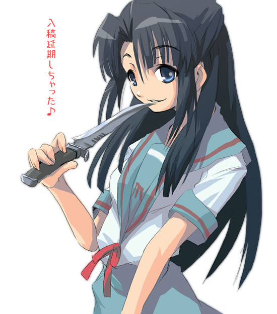 asakura ryoko, suzumiya haruhi no yuuutsu, 00s, black hair, blue eyes, knife, long hair, school uniform, smile