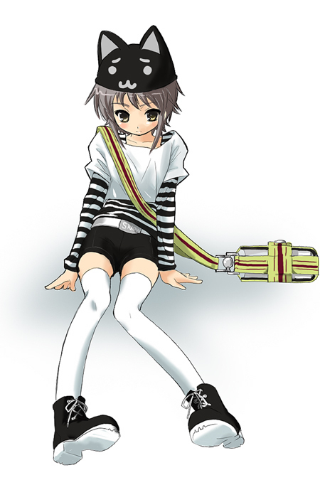 nagato yuki, suzumiya haruhi no yuuutsu, 00s, animal ears, cat ears, grey hair, hat, short hair, thighhighs, yellow eyes