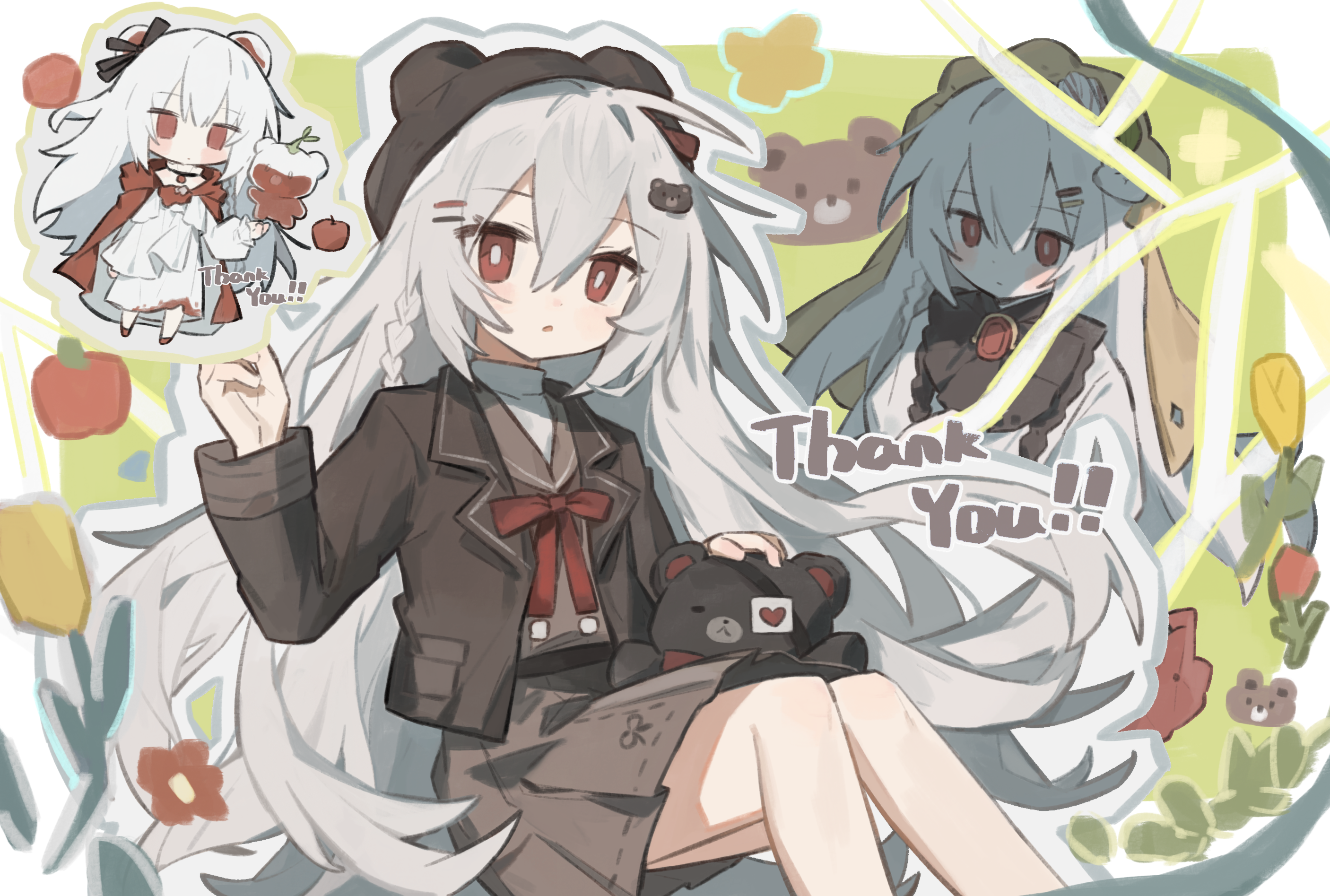 original, highres, 1girl, blush, border, bow, bowtie, braid, bright pupils, brown hat, brown jacket, brown skirt, brown vest, chibi, closed mouth, double-parted bangs, feet out of frame, green background, hair between eyes, hair ornament, hairclip, hand up, hat, jacket, long hair, long sleeves, looking at viewer, mihuashi 250486, multiple views, open clothes, open jacket, outline, outside border, parallel hairclips, parted lips, pleated skirt, red bow, red bowtie, red eyes, single braid, skirt, stuffed animal, stuffed toy, teddy bear, thank you, vest, white border, white hair, white outline, white pupils