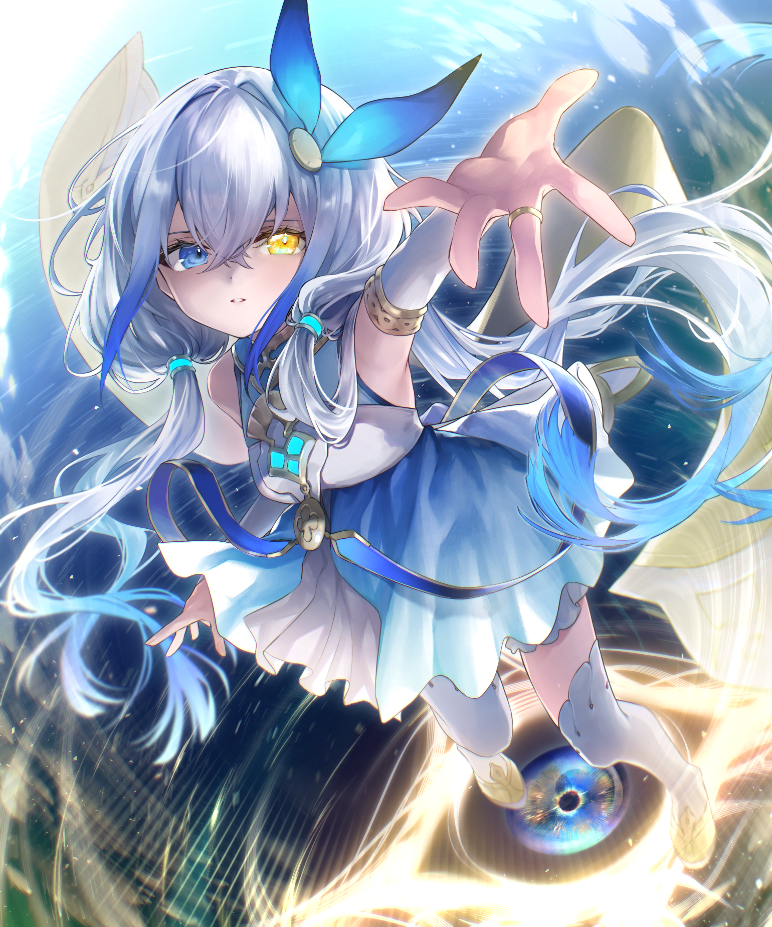 amatsuji, velharia (shadowverse: worlds beyond), shadowverse, shadowverse: worlds beyond, commentary request, highres, 1girl, bare shoulders, blue dress, blue eyes, colored tips, detached sleeves, dress, gradient hair, grey hair, heterochromia, long hair, low twintails, multicolored dress, multicolored hair, reaching, sleeveless, sleeveless dress, solo, thighhighs, twintails, white dress, white sleeves, white thighhighs, yellow eyes
