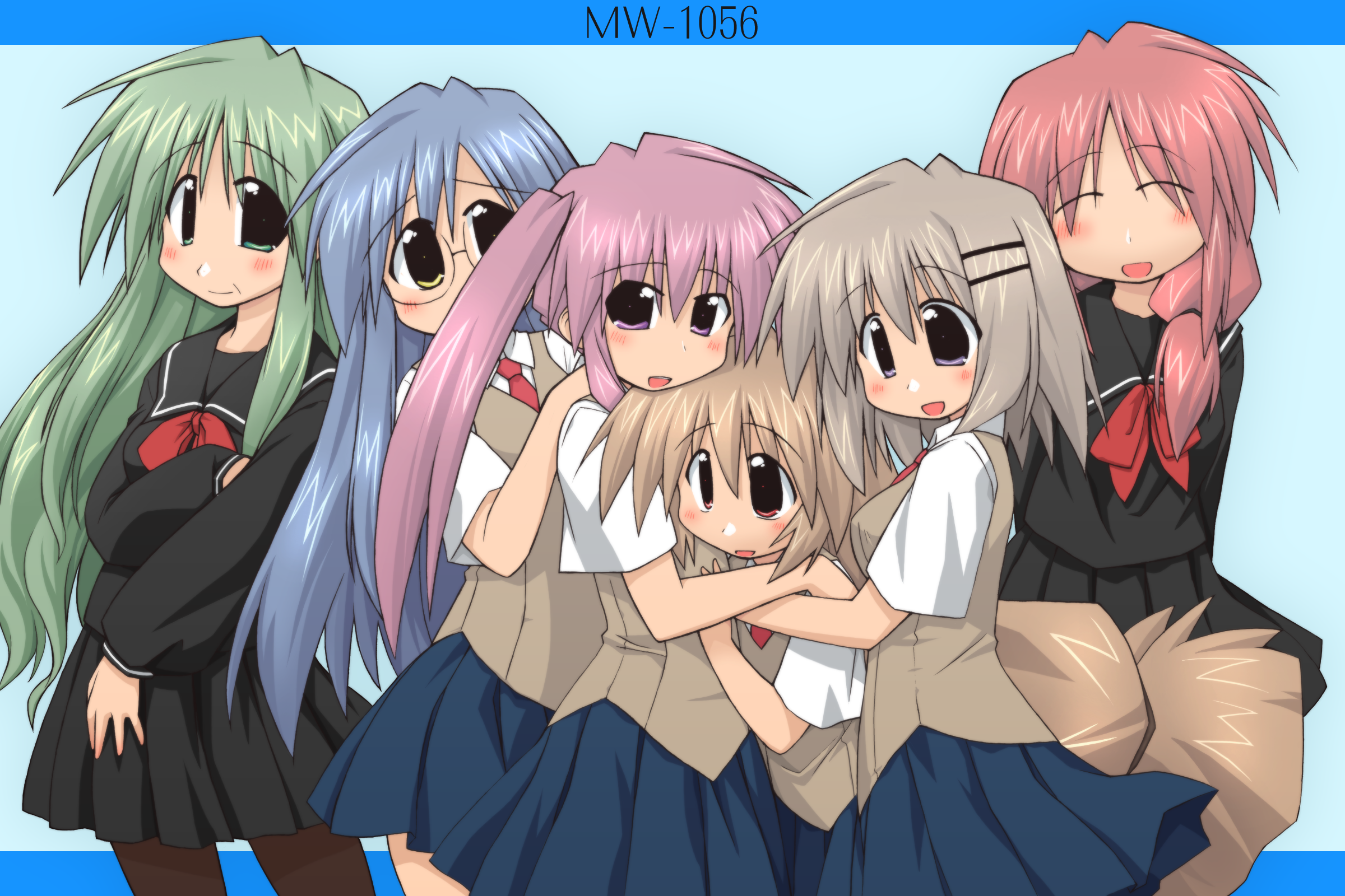 yoshida akihito, aono makishi, nanase sachie, nanase yae, niwatazumi keiko, niwatazumi nagoya, yuzaki tatami, torikoro, highres, 6+girls, blue hair, blush, brown hair, closed eyes, glasses, green eyes, green hair, hair ornament, hairclip, hug, long hair, multiple girls, pantyhose, purple eyes, red eyes, red hair, school uniform, short hair, smile, twintails, very long hair, yellow eyes