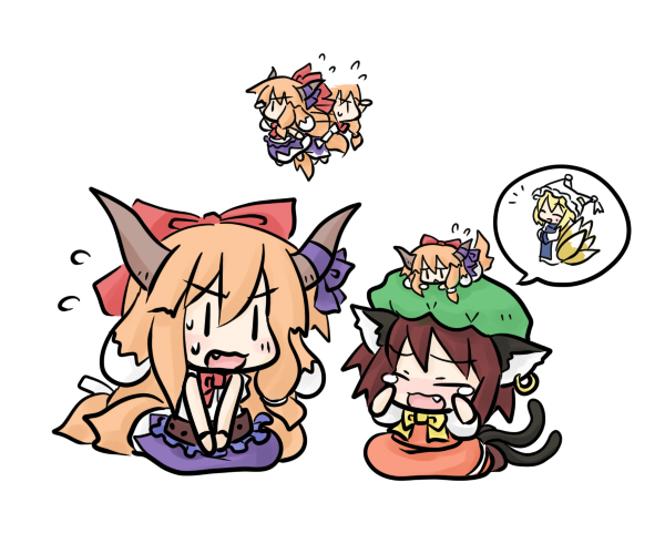 yanagi (nurikoboshi), chen, ibuki suika, yakumo ran, touhou, 2girls, animal ears, cat ears, cat girl, cat tail, chibi, fang, female focus, hat, horns, multiple girls, multiple tails, simple background, skirt, tail, tears, white background, | |