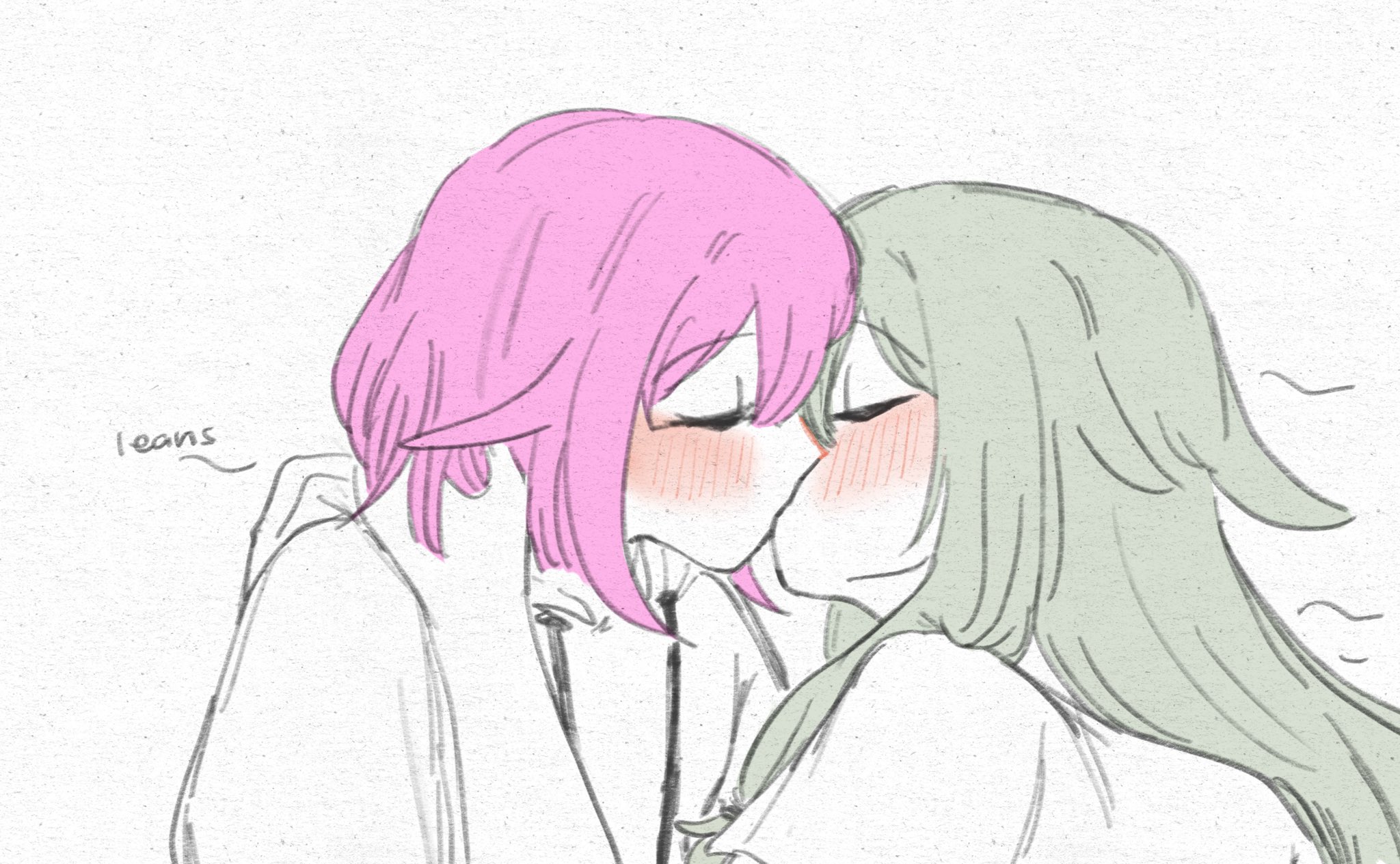 kcmvnd, kusanagi nene, ootori emu, project sekai, commentary, english commentary, highres, 2girls, blush, closed eyes, green hair, hood, hoodie, kiss, long hair, multiple girls, pink hair, short hair, white background, yuri