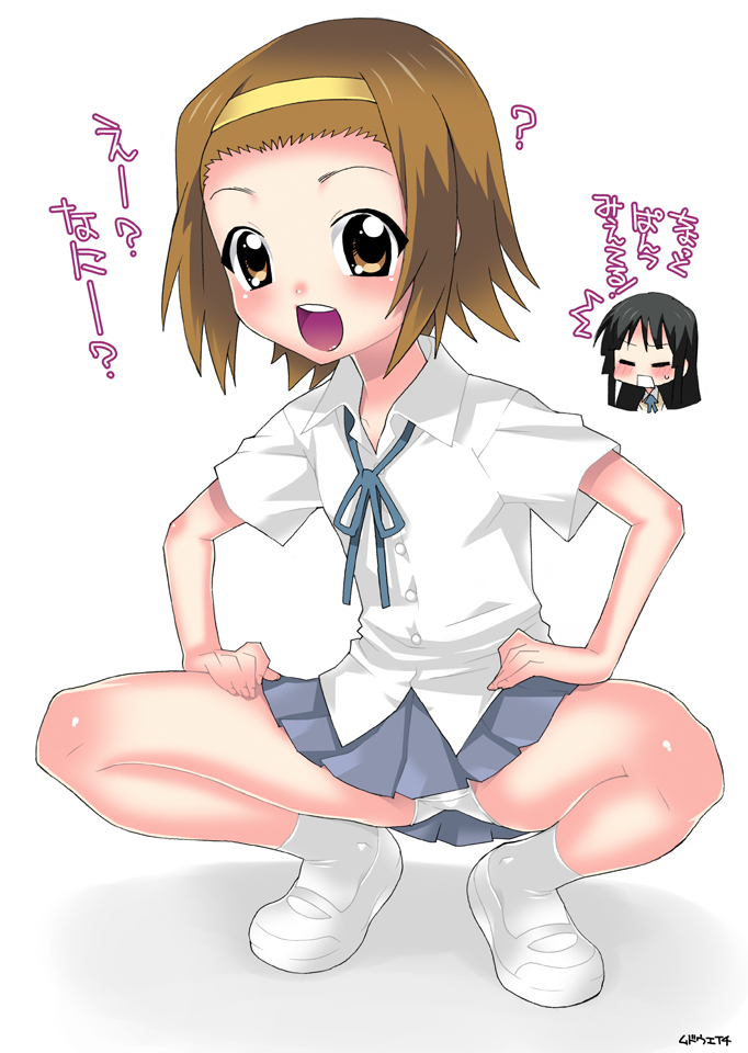 mudou eichi, akiyama mio, tainaka ritsu, k-on!, translated, 00s, 2girls, ?, ^^^, black hair, blush, brown eyes, brown hair, hairband, long hair, multiple girls, open mouth, panties, pantyshot, round teeth, school uniform, shoes, short hair, skirt, solo focus, spread legs, squatting, teeth, tomboy, underwear, uwabaki, white panties