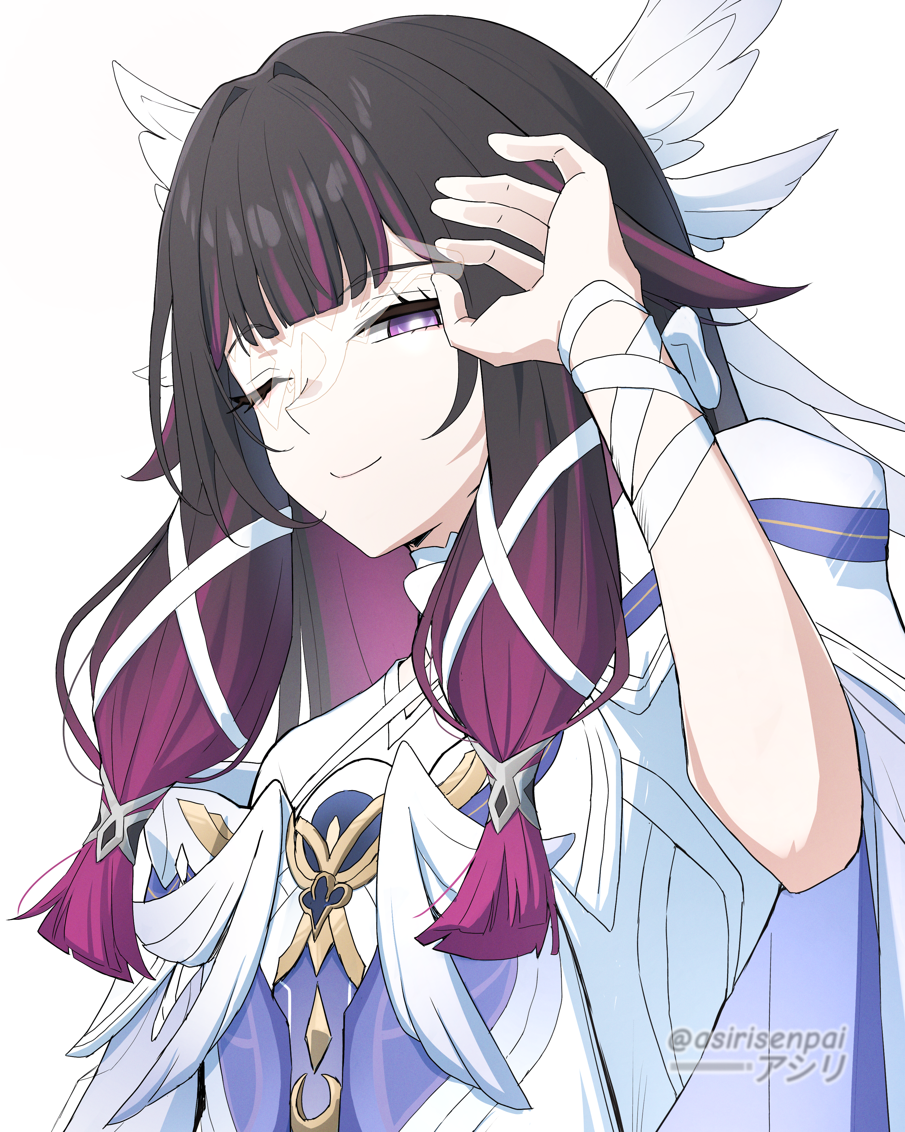 asiri senpai, columbina (genshin impact), genshin impact, absurdres, commentary, highres, 1girl, ;), adapted costume, bandaged wrist, bandages, black hair, hair ornament, hand up, long hair, looking at viewer, multicolored hair, one eye closed, purple eyes, purple hair, simple background, smile, solo, streaked hair, upper body, white background, wing hair ornament