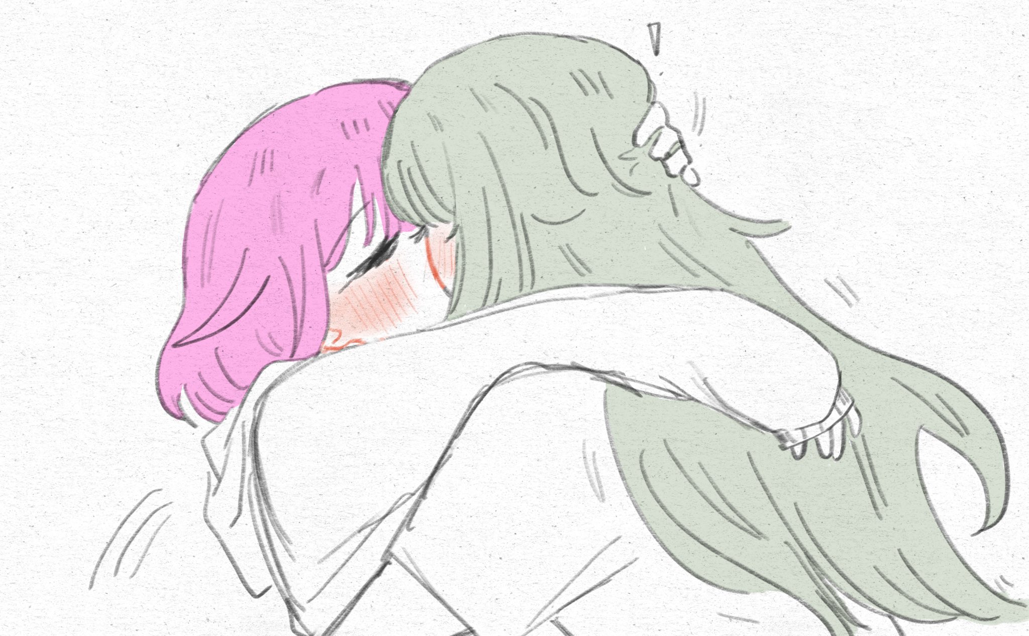 kcmvnd, kusanagi nene, ootori emu, project sekai, commentary, english commentary, highres, 2girls, arm around neck, blush, closed eyes, green hair, hand on another's head, hood, hoodie, kiss, long hair, multiple girls, pink hair, short hair, white background, yuri