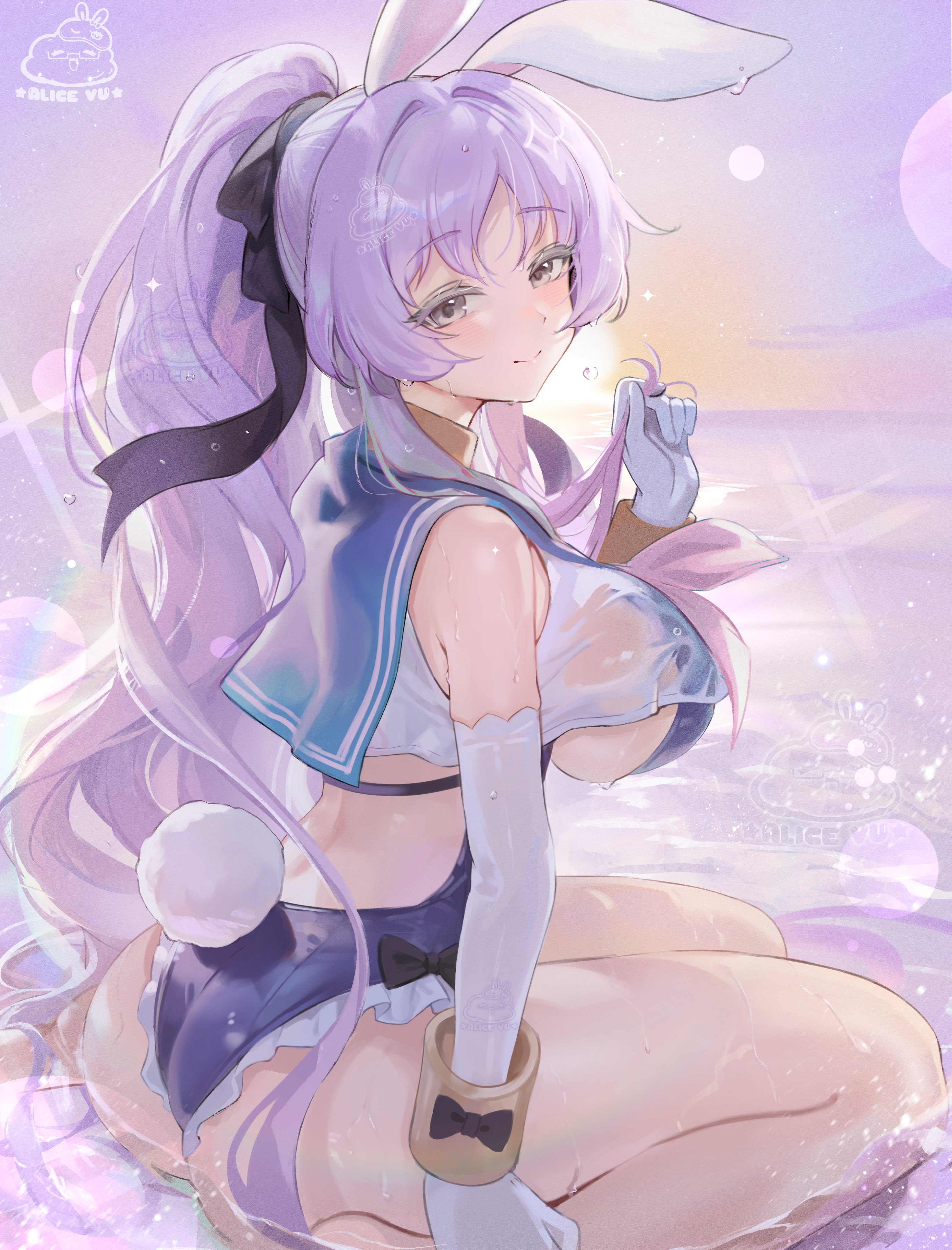 alice vu, shia (stella sora), stella sora, absurdres, commentary, highres, symbol-only commentary, 1girl, animal ear hairband, animal ears, artist logo, ass, backless swimsuit, bare shoulders, beach, blue one-piece swimsuit, breasts, closed mouth, colored eyelashes, crop top, cropped shirt, elbow gloves, fake animal ears, fake tail, gloves, green eyes, hairband, horizon, large breasts, logo, looking at viewer, neckerchief, ocean, one-piece swimsuit, outdoors, pink neckerchief, playboy bunny swimsuit, rabbit ear hairband, rabbit ears, rabbit tail, shirt, sideboob, solo, sunset, swimsuit, tail, water, white gloves, white shirt