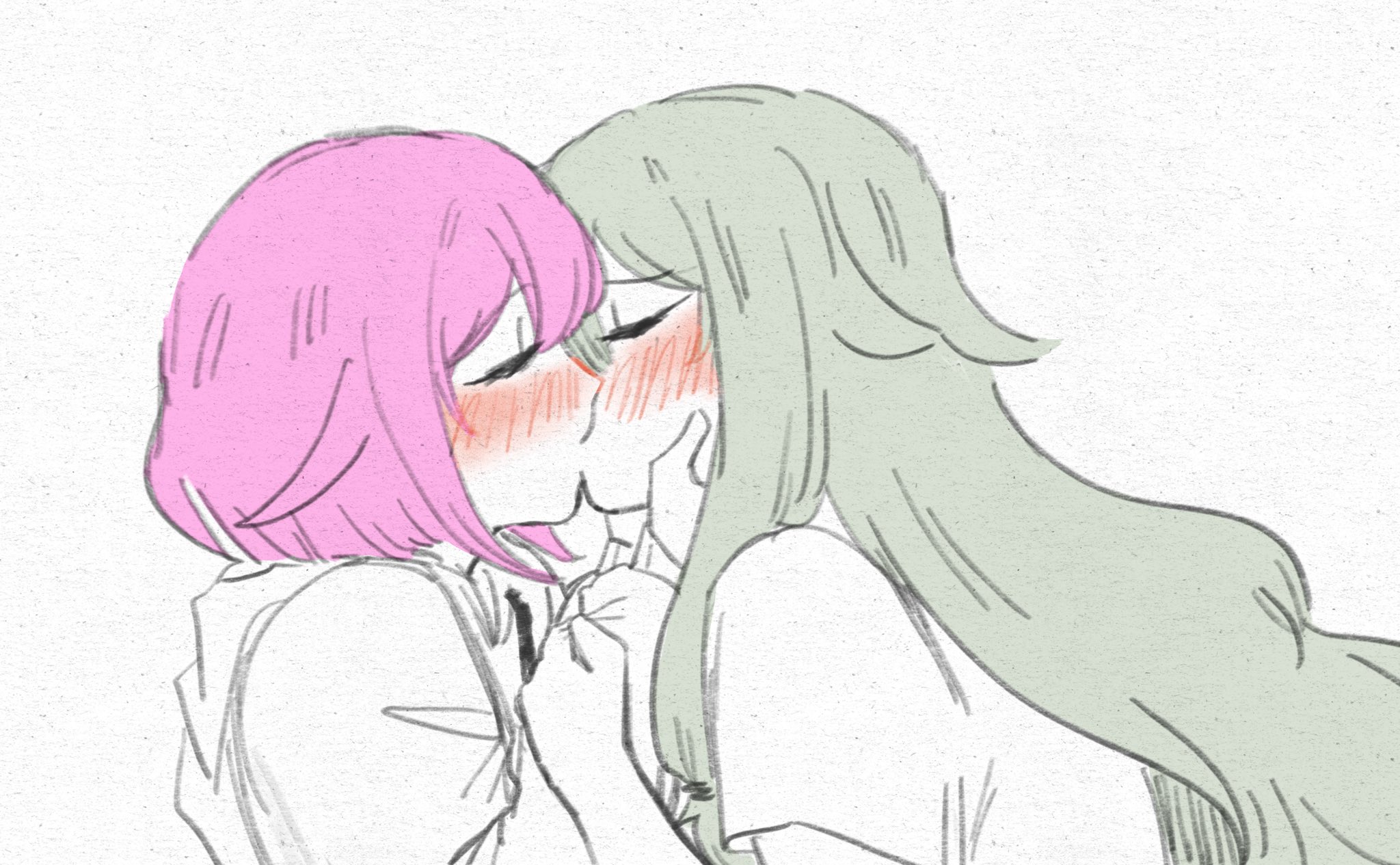 kcmvnd, kusanagi nene, ootori emu, project sekai, commentary, english commentary, highres, 2girls, blush, closed eyes, green hair, hands on another's face, holding another's wrist, hood, hoodie, kiss, long hair, multiple girls, pink hair, short hair, white background, yuri