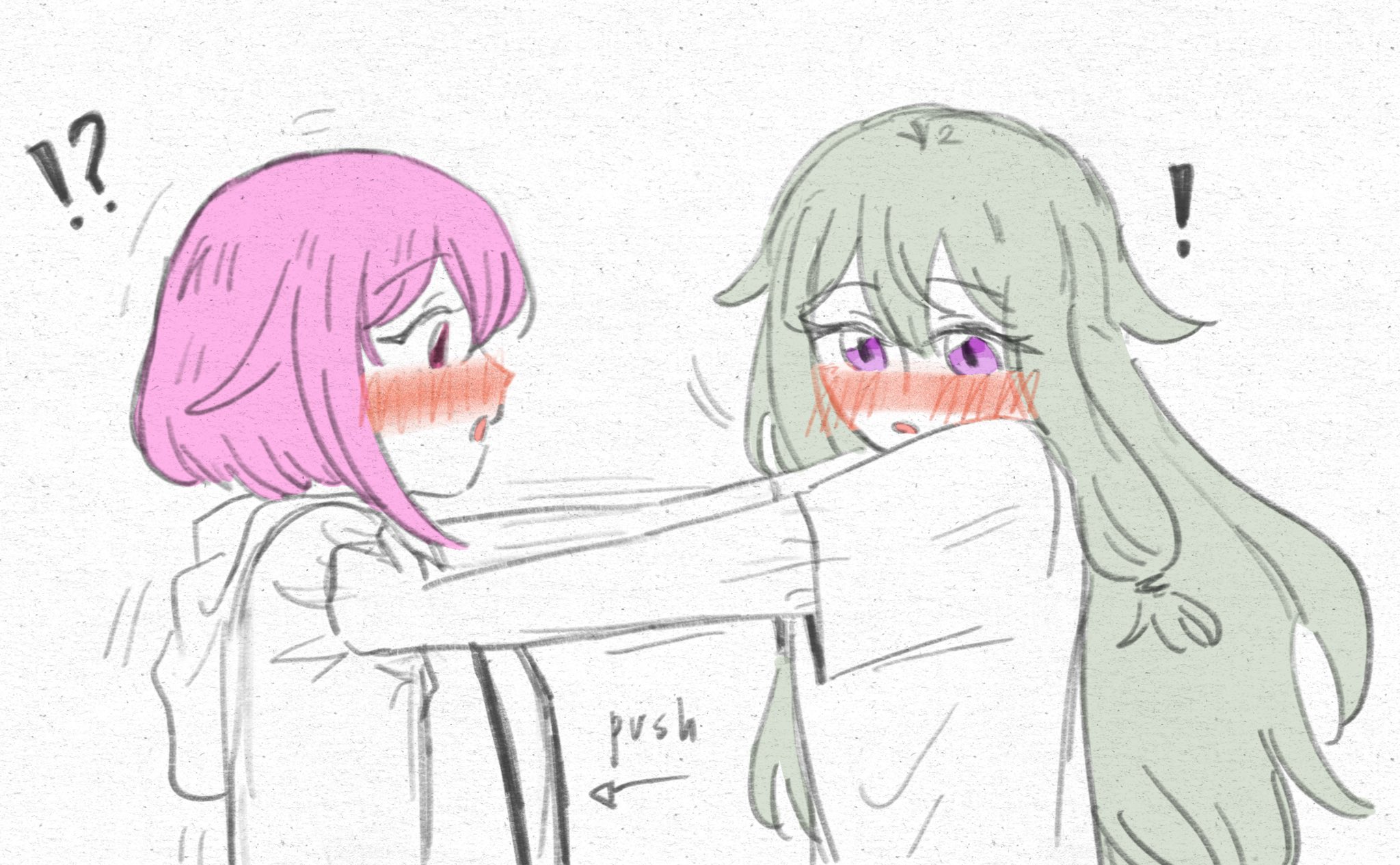 kcmvnd, kusanagi nene, ootori emu, project sekai, commentary, english commentary, highres, !, !?, 2girls, after kiss, blush, green hair, hood, hoodie, long hair, multiple girls, open mouth, pink eyes, pink hair, purple eyes, short hair, white background, yuri
